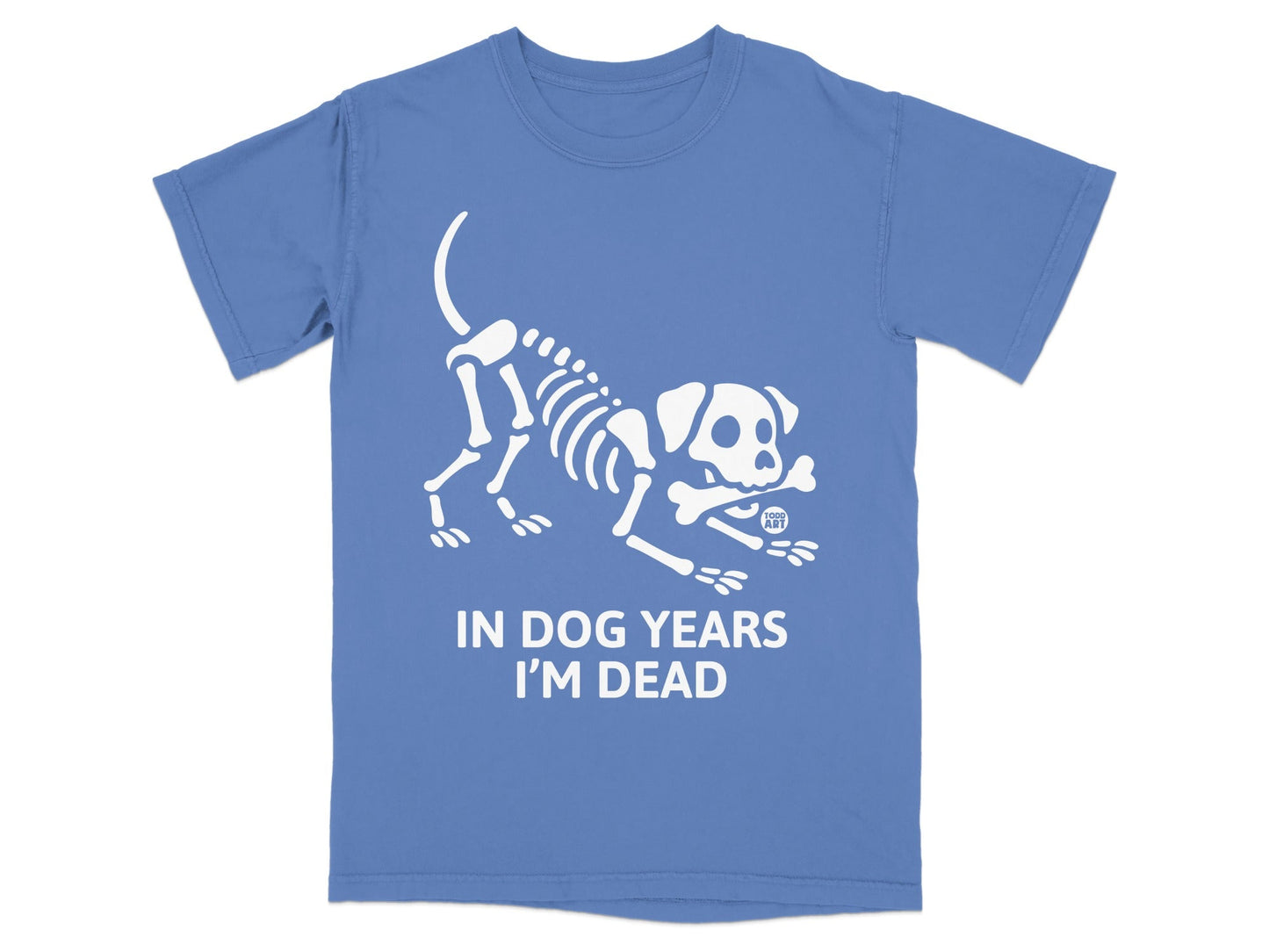 Blue t-shirt with white skeleton dog graphic and "IN DOG YEARS I'M DEAD" text.