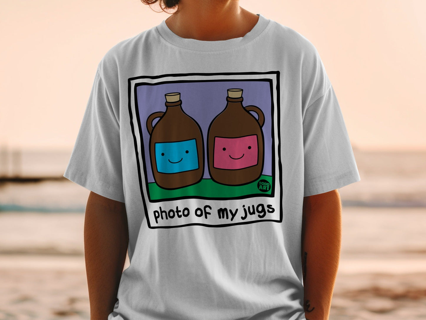 White t-shirt with "photo of my jugs" and cartoon jugs graphic.