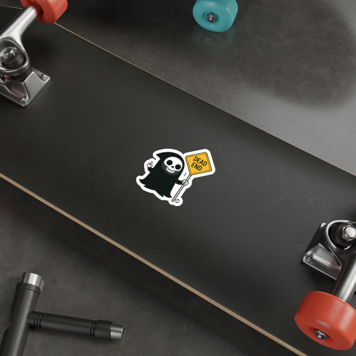 Grim Reaper Holding Dead End Sign Skateboard