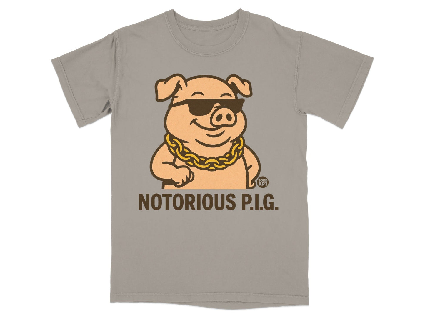 Cartoon pig wearing sunglasses and gold chain, with "NOTORIOUS P.I.G." text.
