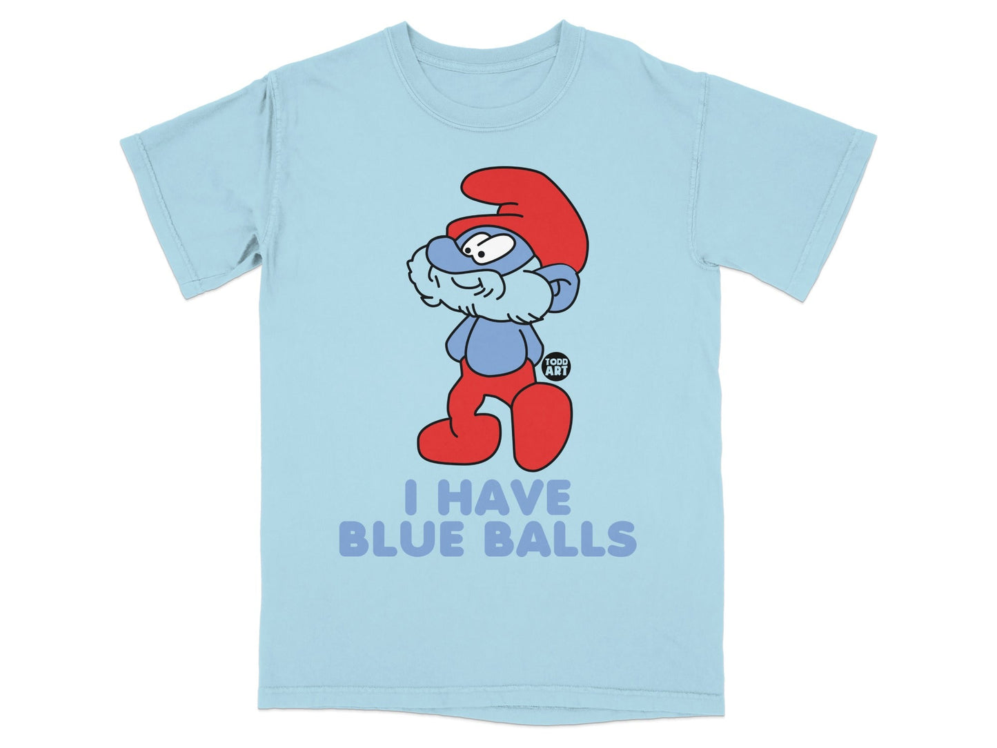 Smurf character in red hat and pants, "I HAVE BLUE BALLS" text.