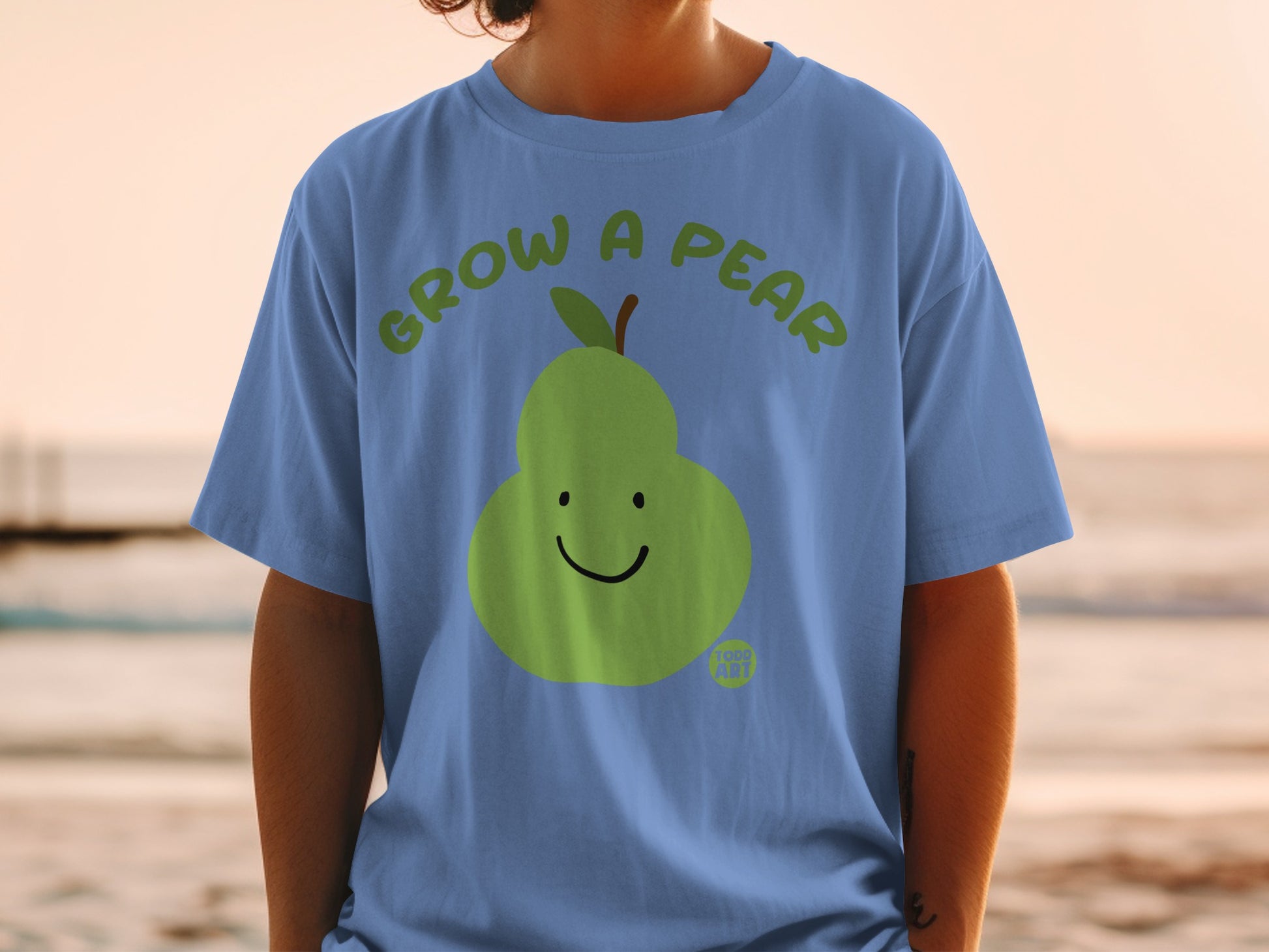 Blue shirt GROW A PEAR smiley pear graphic product type