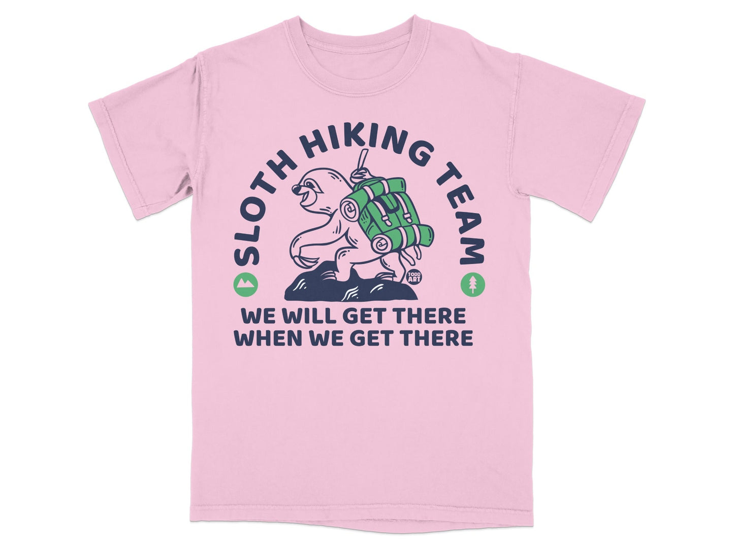 Pink t-shirt with "Sloth Hiking Team" logo and text.