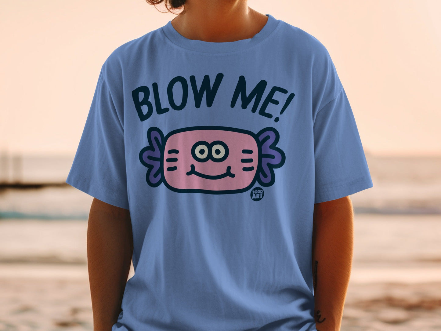 Blow Me Pink Cartoon Face Graphic T-Shirt