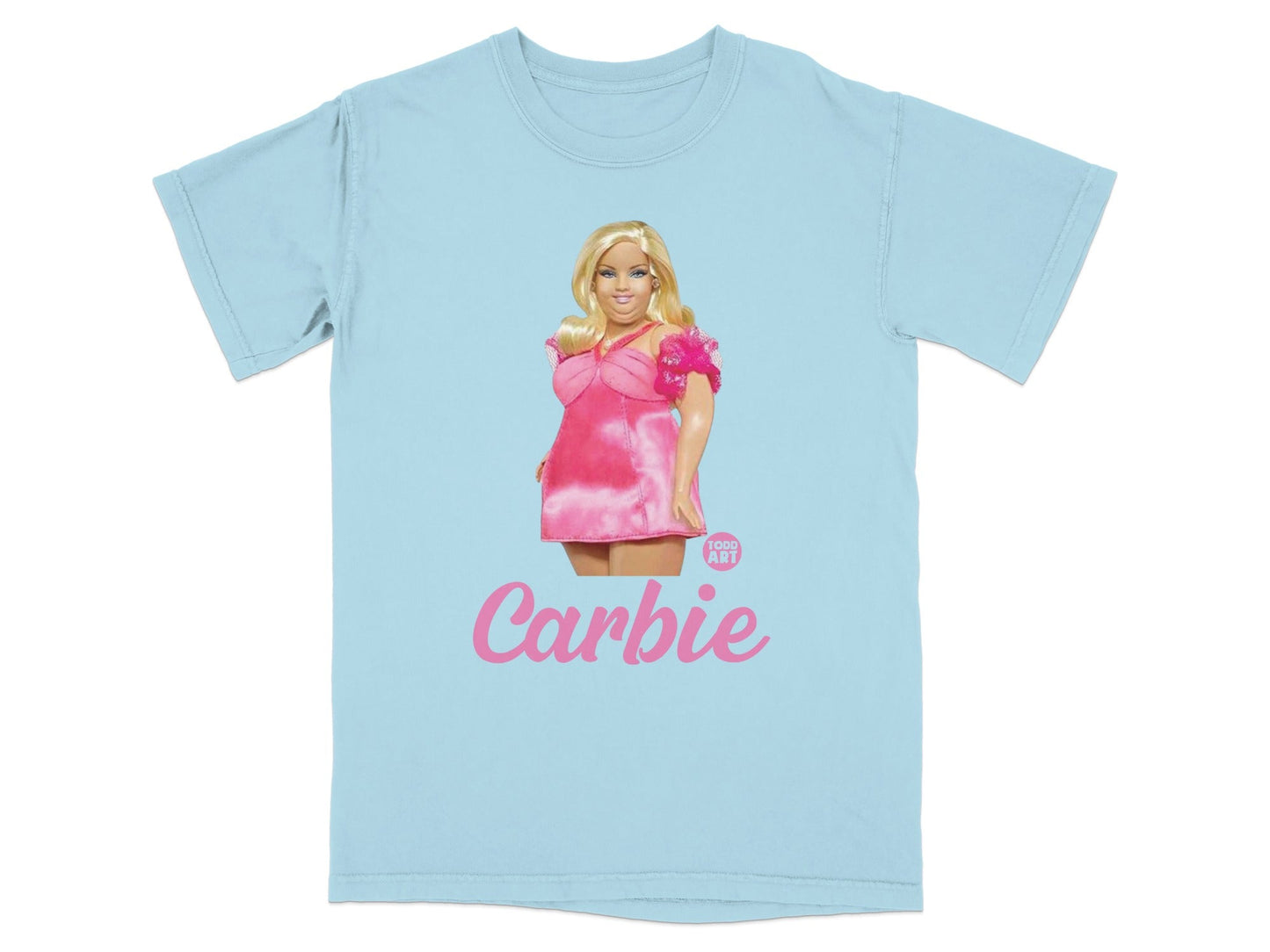 Light blue t-shirt featuring Barbie with "Carbie" text.