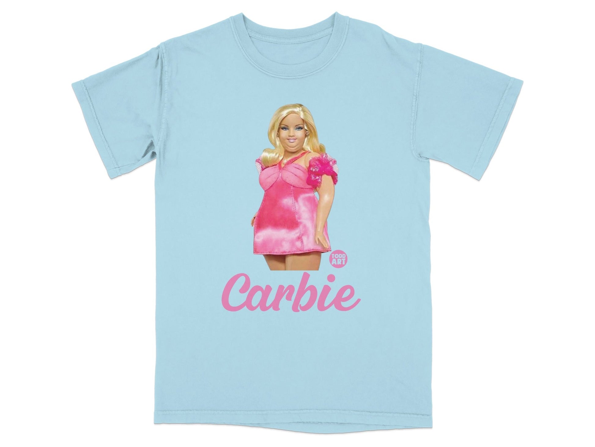 Light blue t-shirt featuring Barbie with "Carbie" text.