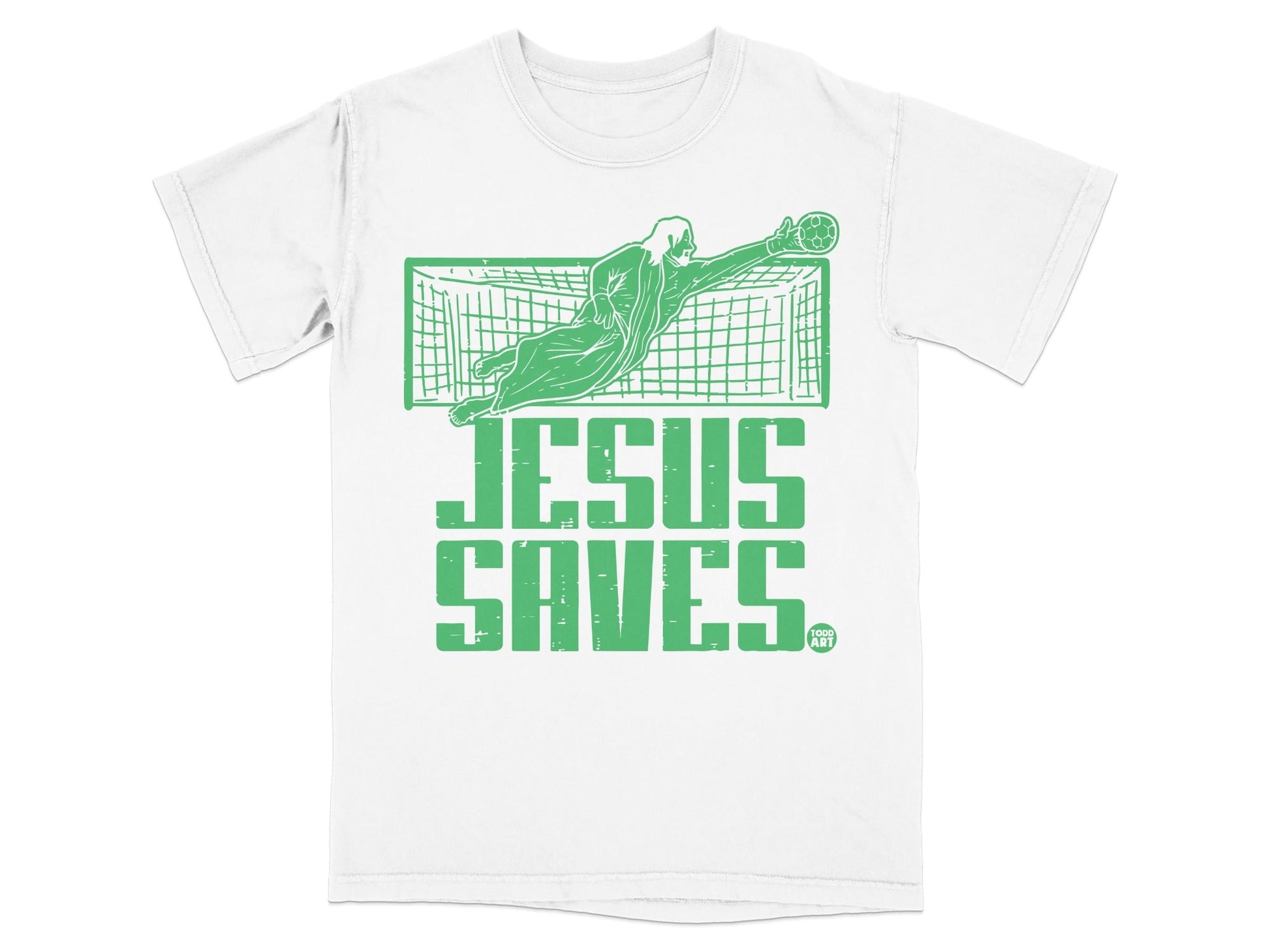 Green graphic of a soccer goalie diving to save a ball, with text "JESUS SAVES".