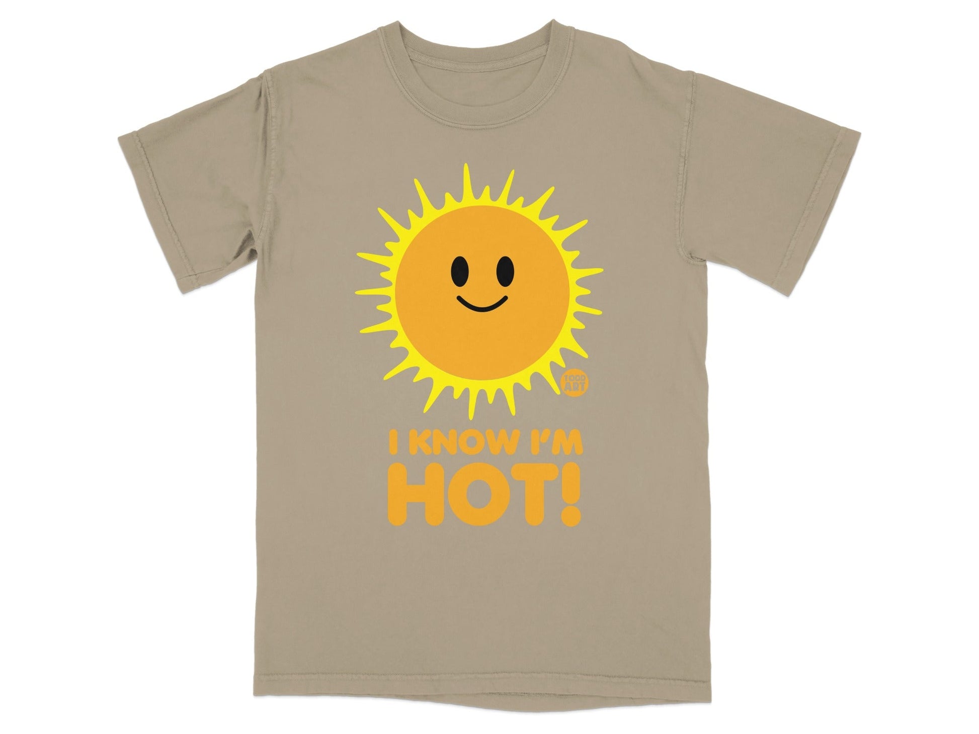 T-shirt with a smiling sun graphic and the text "I KNOW I'M HOT!".