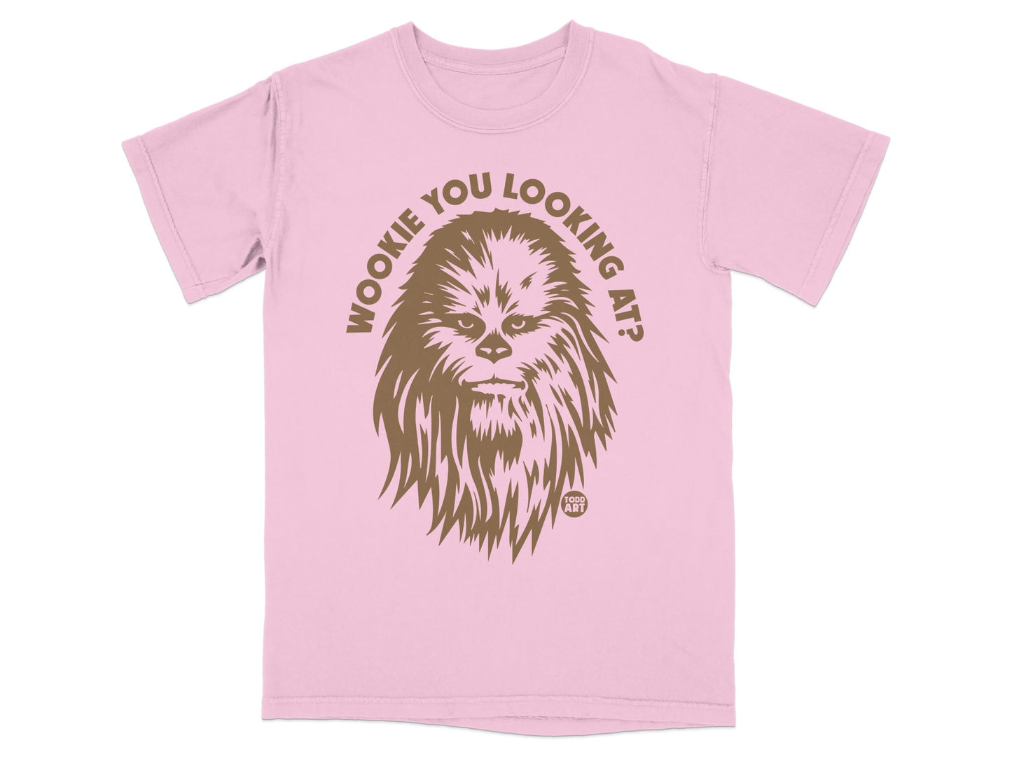 Pink t-shirt with "Wookie You Looking At?" graphic.