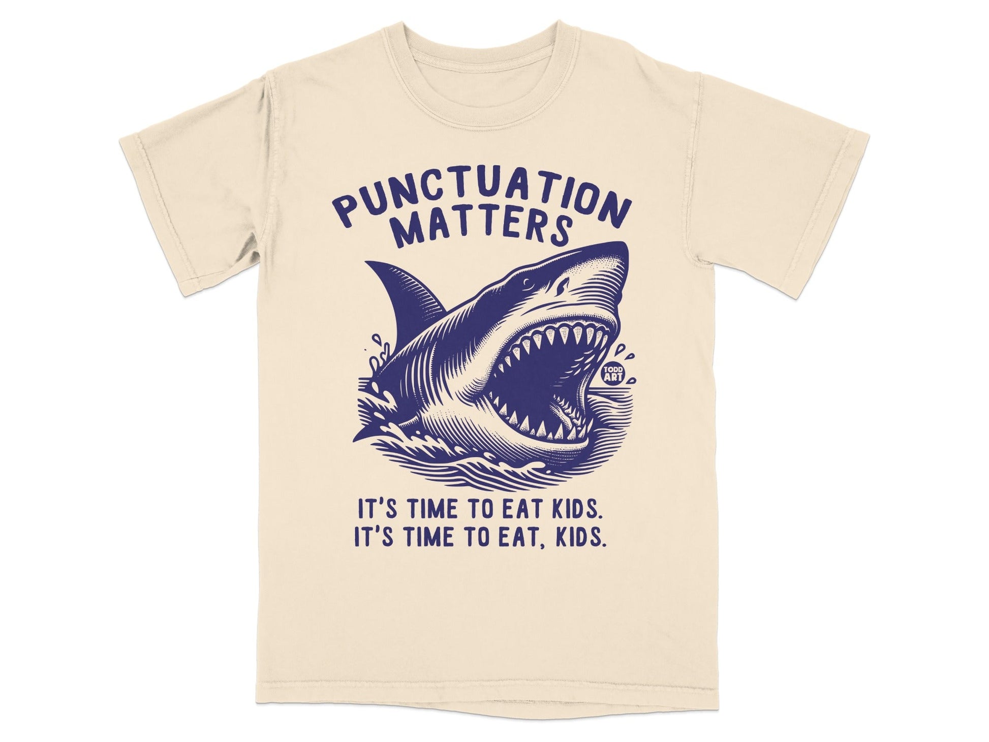 Shark biting with text "PUNCTUATION MATTERS" and "IT'S TIME TO EAT, KIDS."