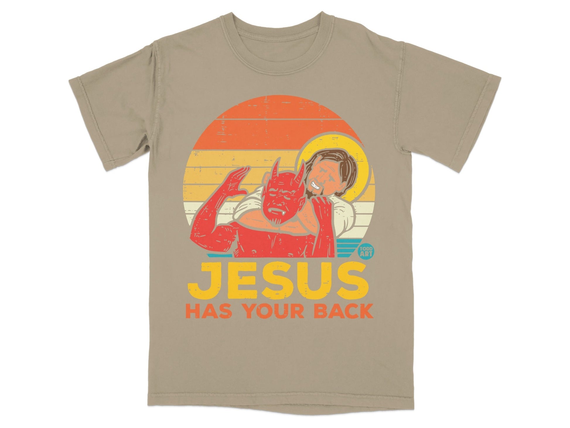 T-shirt with graphic of Jesus embracing a devil figure, text reads "Jesus Has Your Back".
