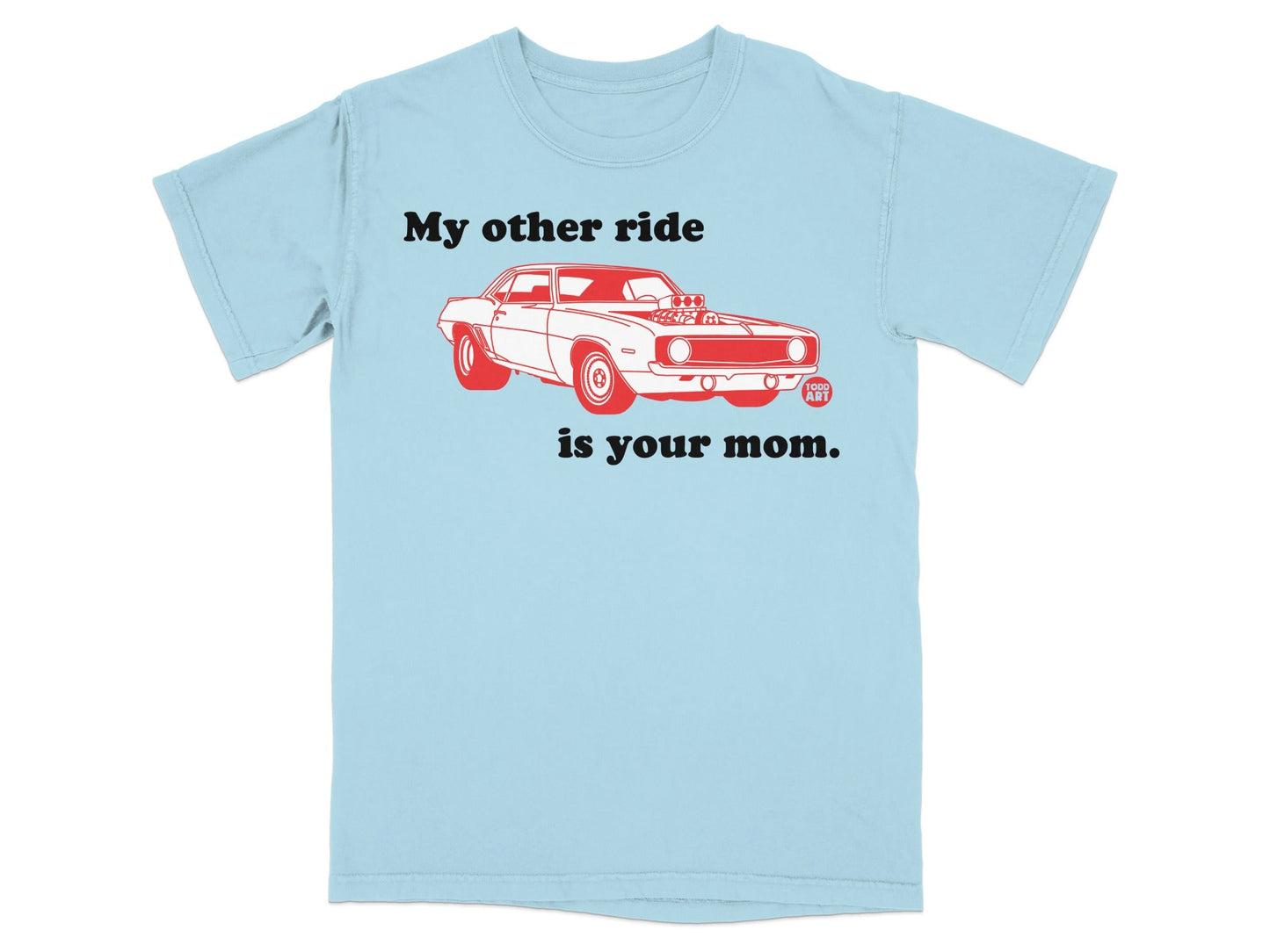 Light blue t-shirt with a red graphic of a classic car and text.