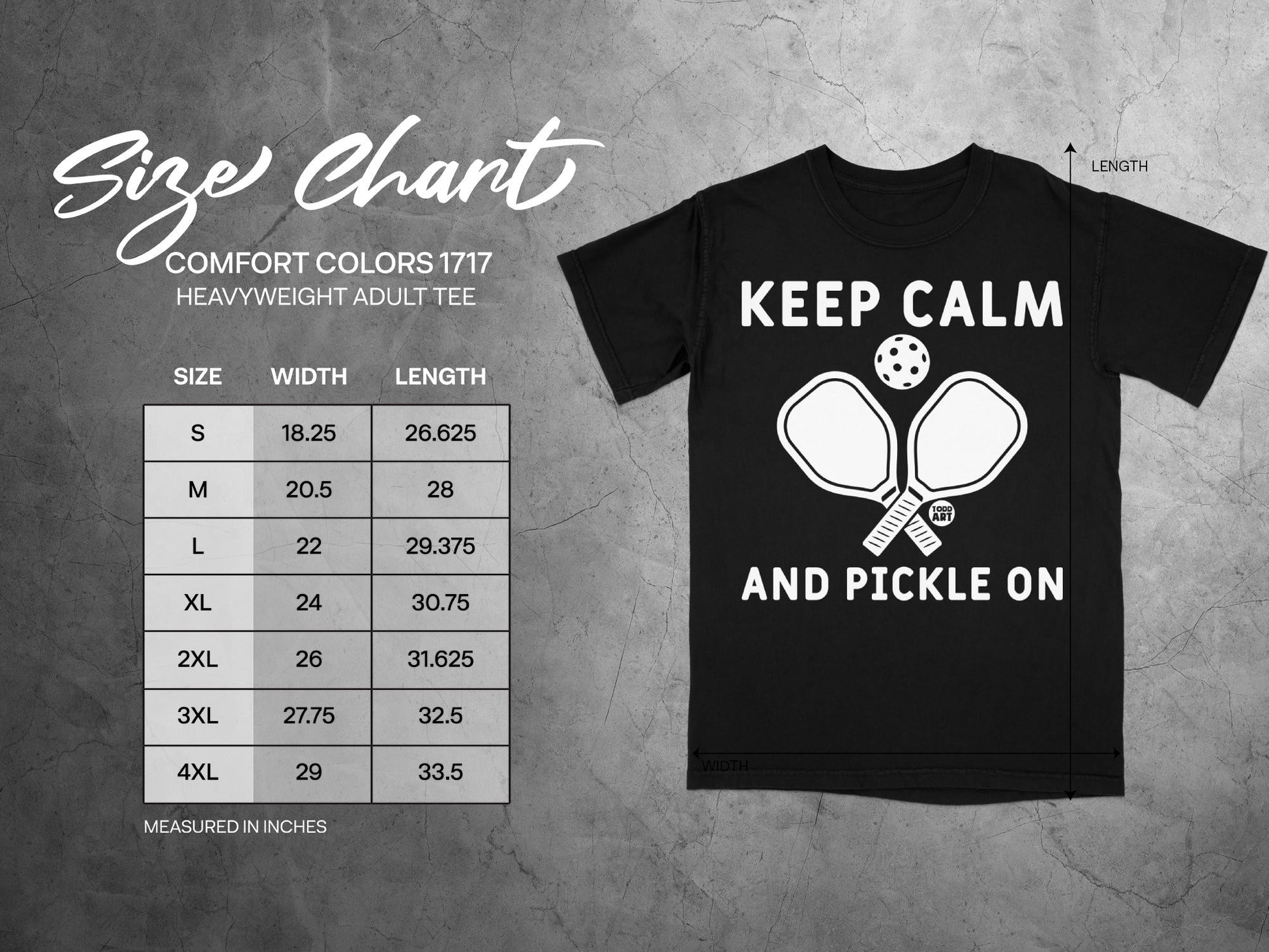 Size chart for Comfort Colors 1717 heavyweight adult tee with pickleball graphic.