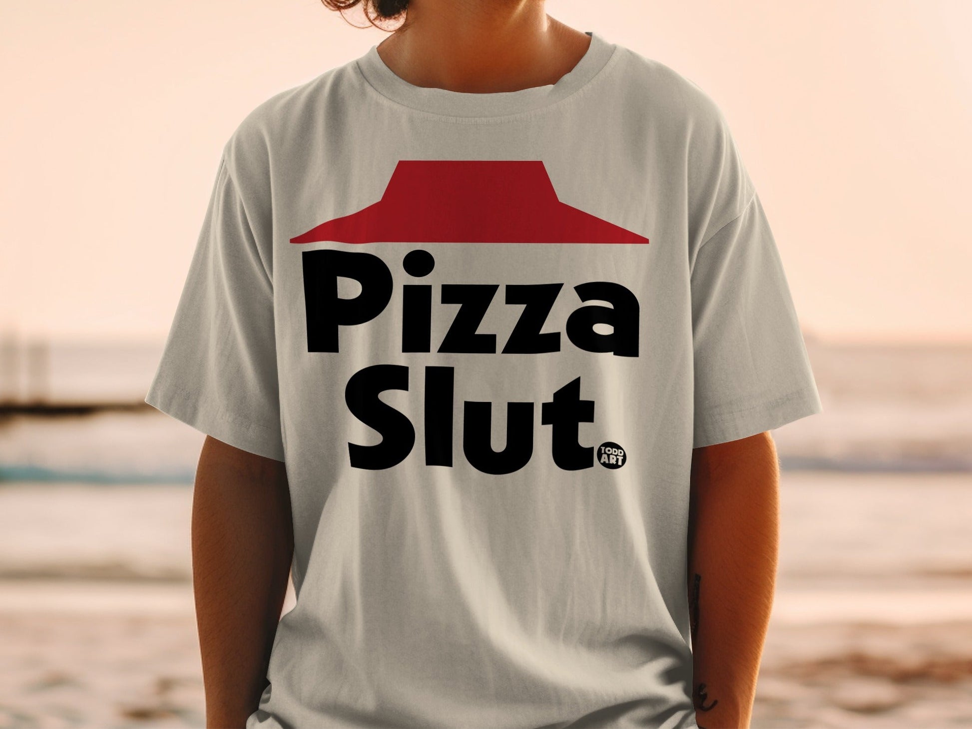 Gray t-shirt with red Pizza Hut logo and "Pizza Slut" text.