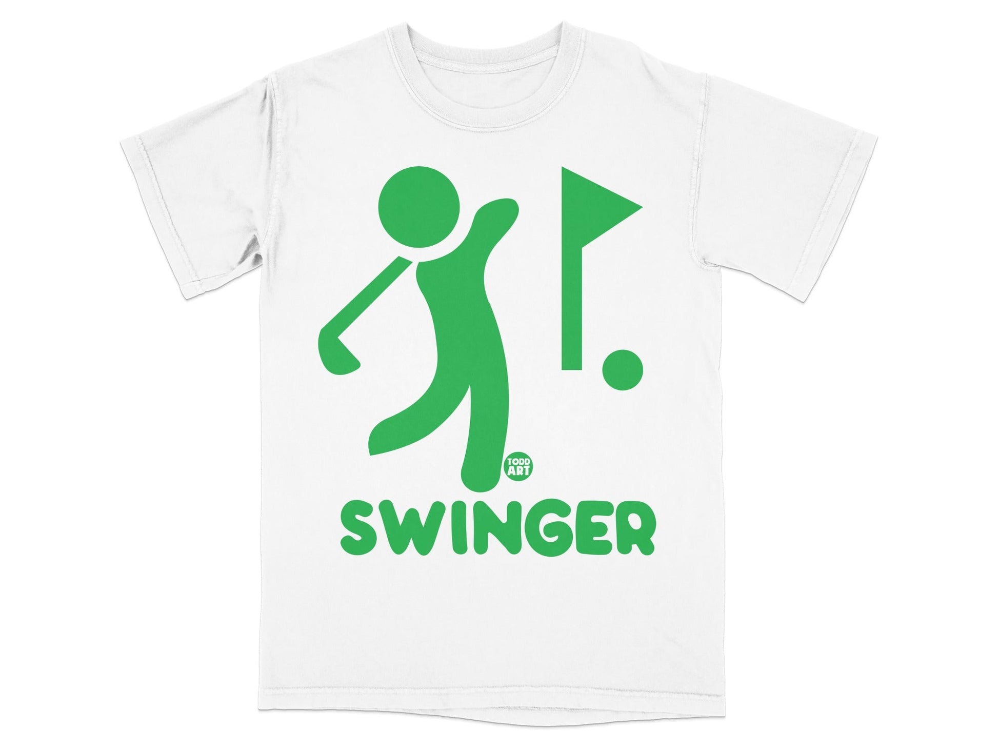 White t-shirt with green golf silhouette and "SWINGER" text.