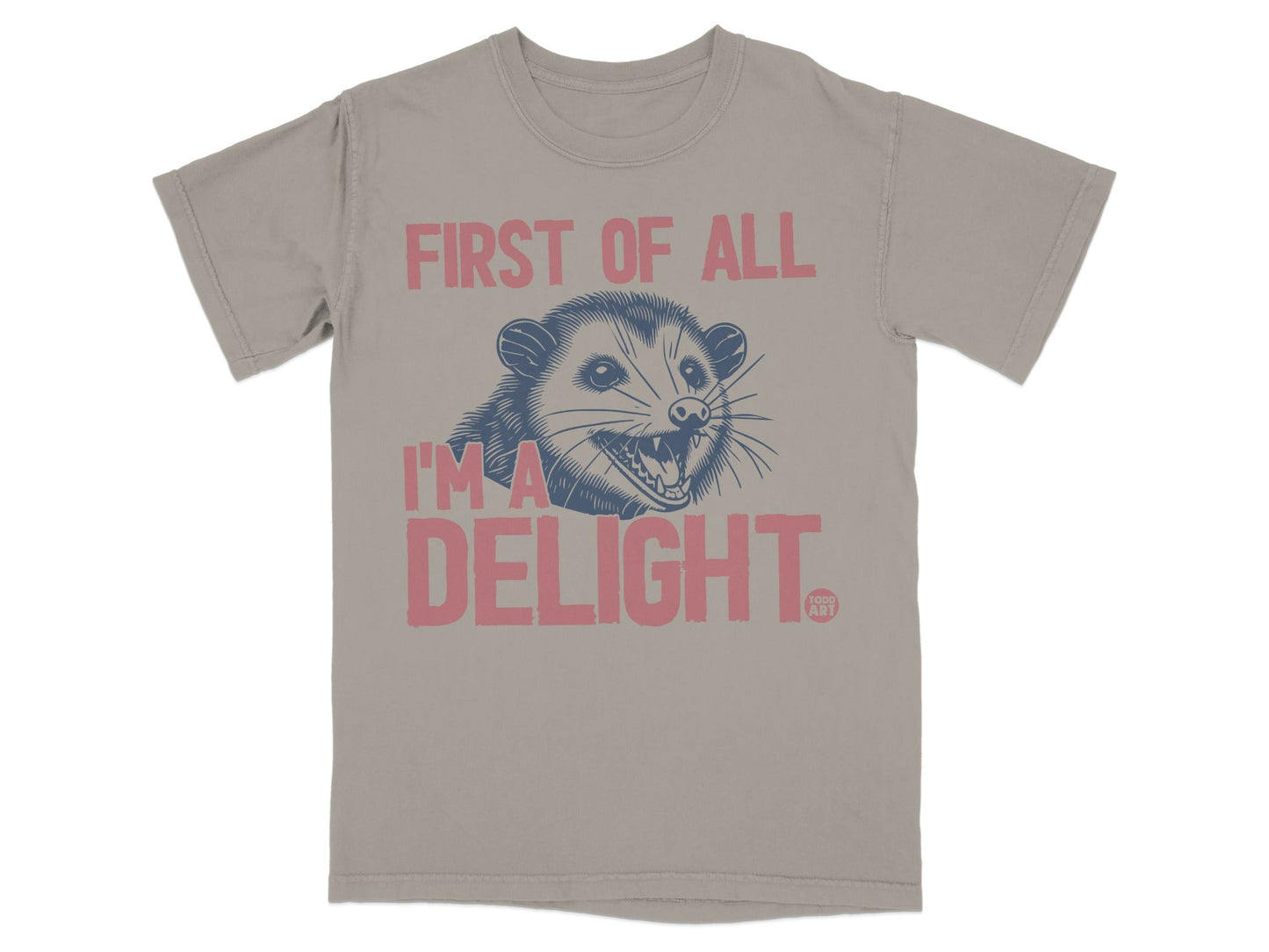 Gray t-shirt with a graphic of an opossum and the text "First of all, I'm a DELIGHT."