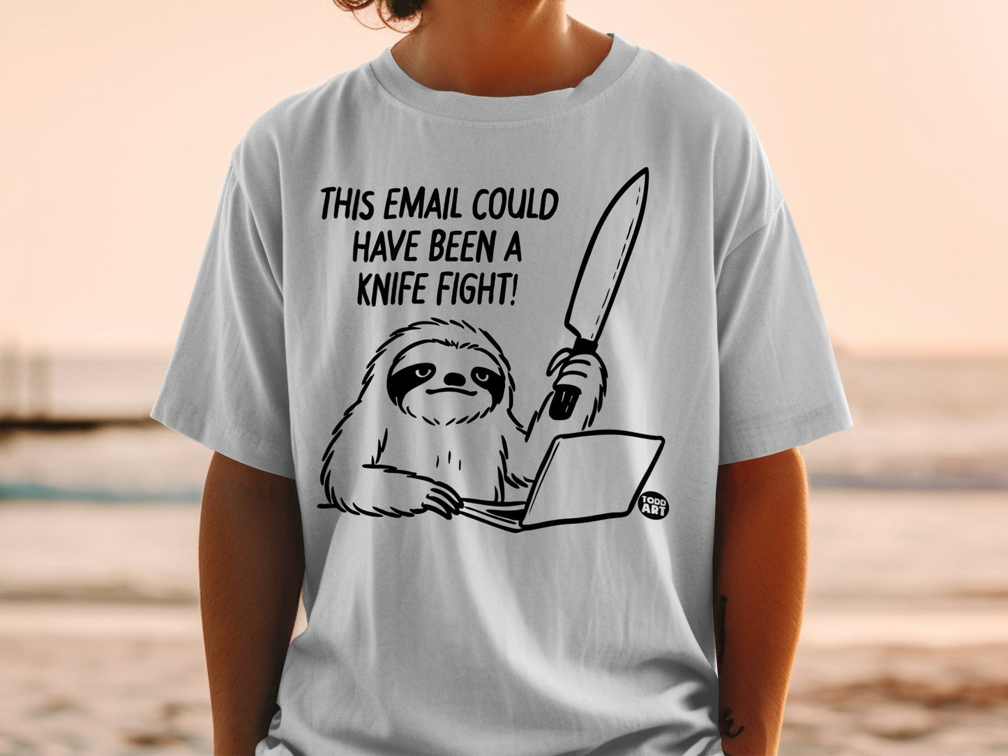 Sloth at laptop holding knife with text "This email could have been a knife fight".