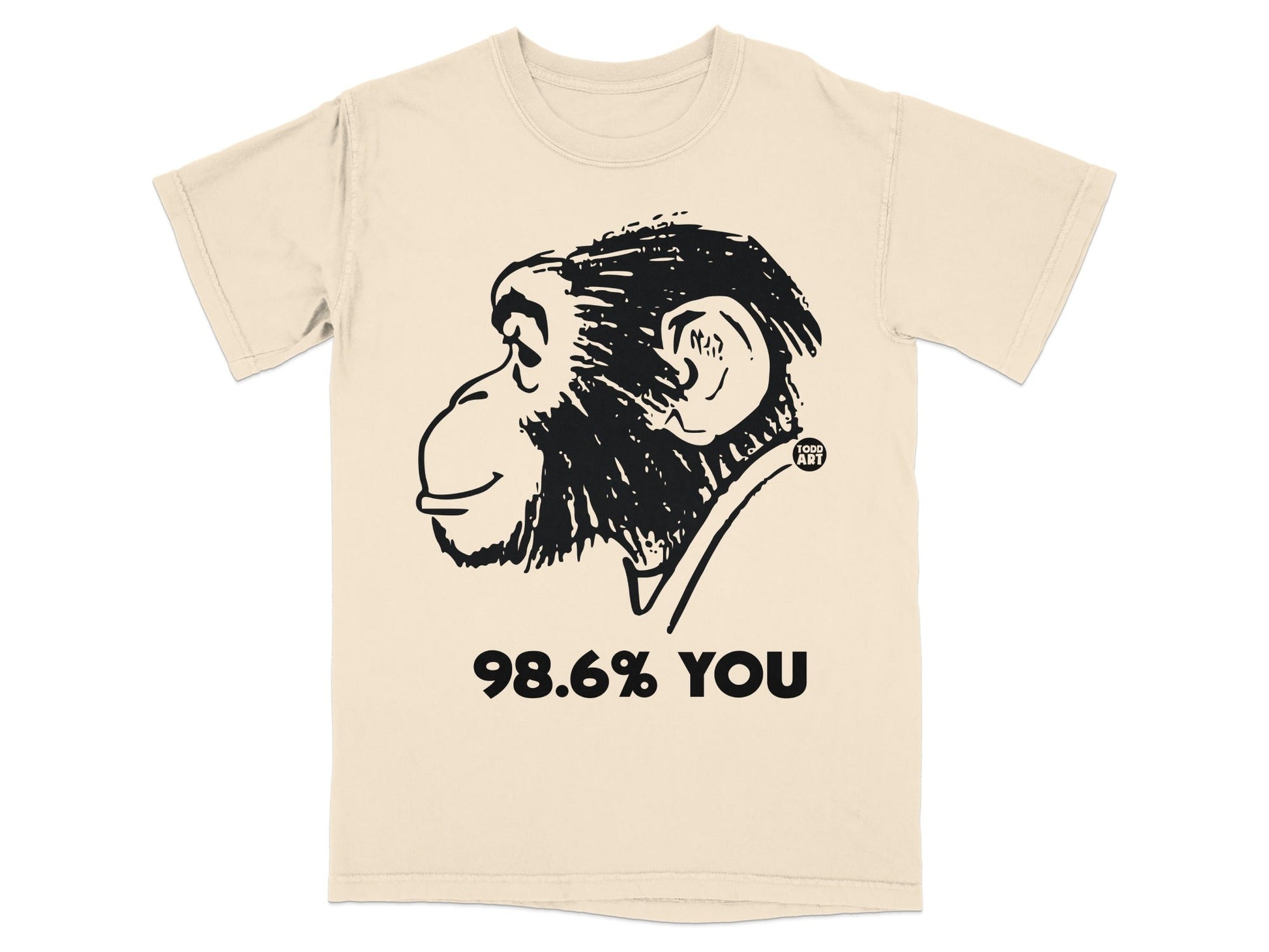 T-shirt with chimp illustration and text "98.6% YOU".
