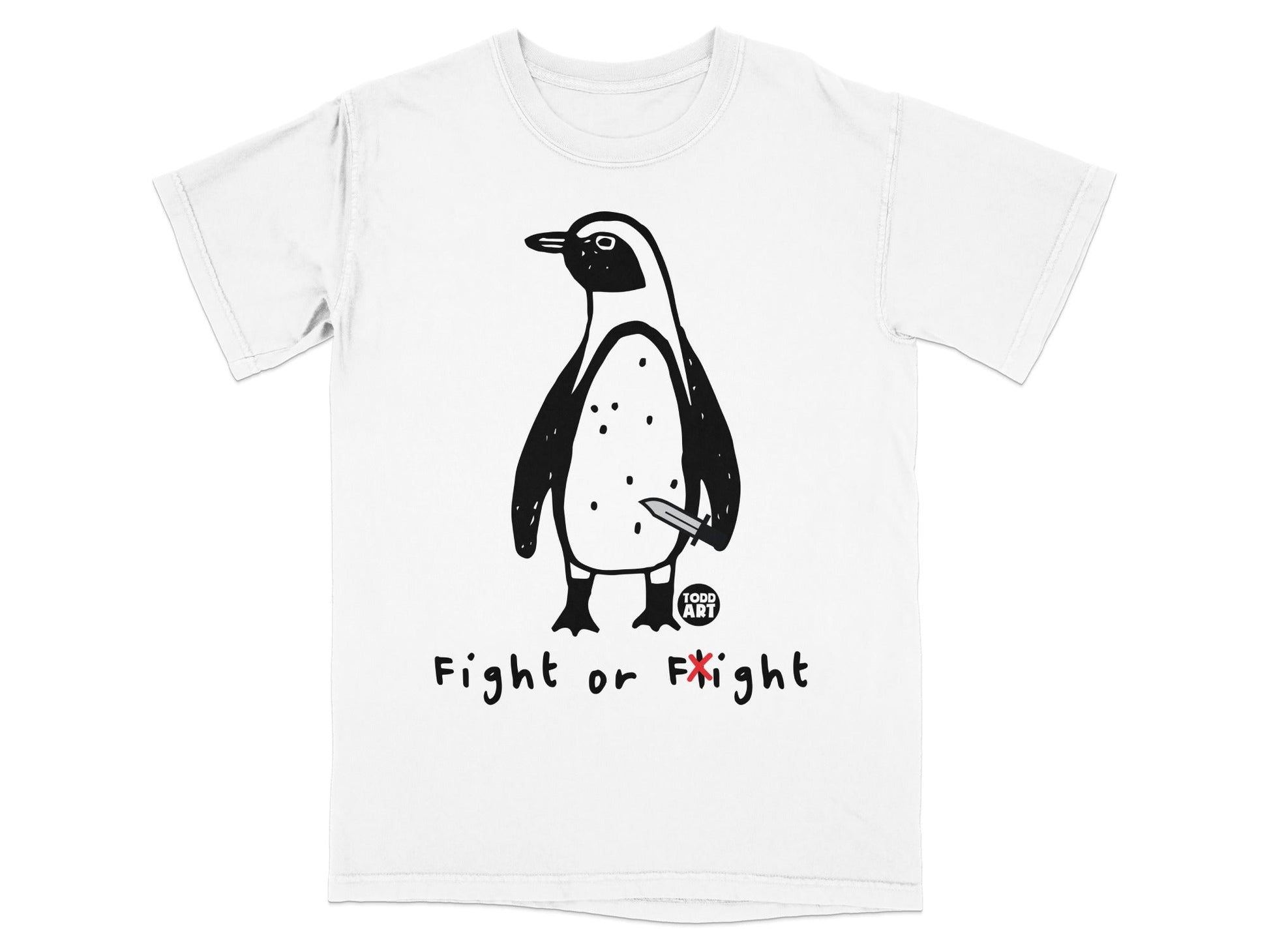 Black and white penguin holding a small knife with text "Fight or Flight".