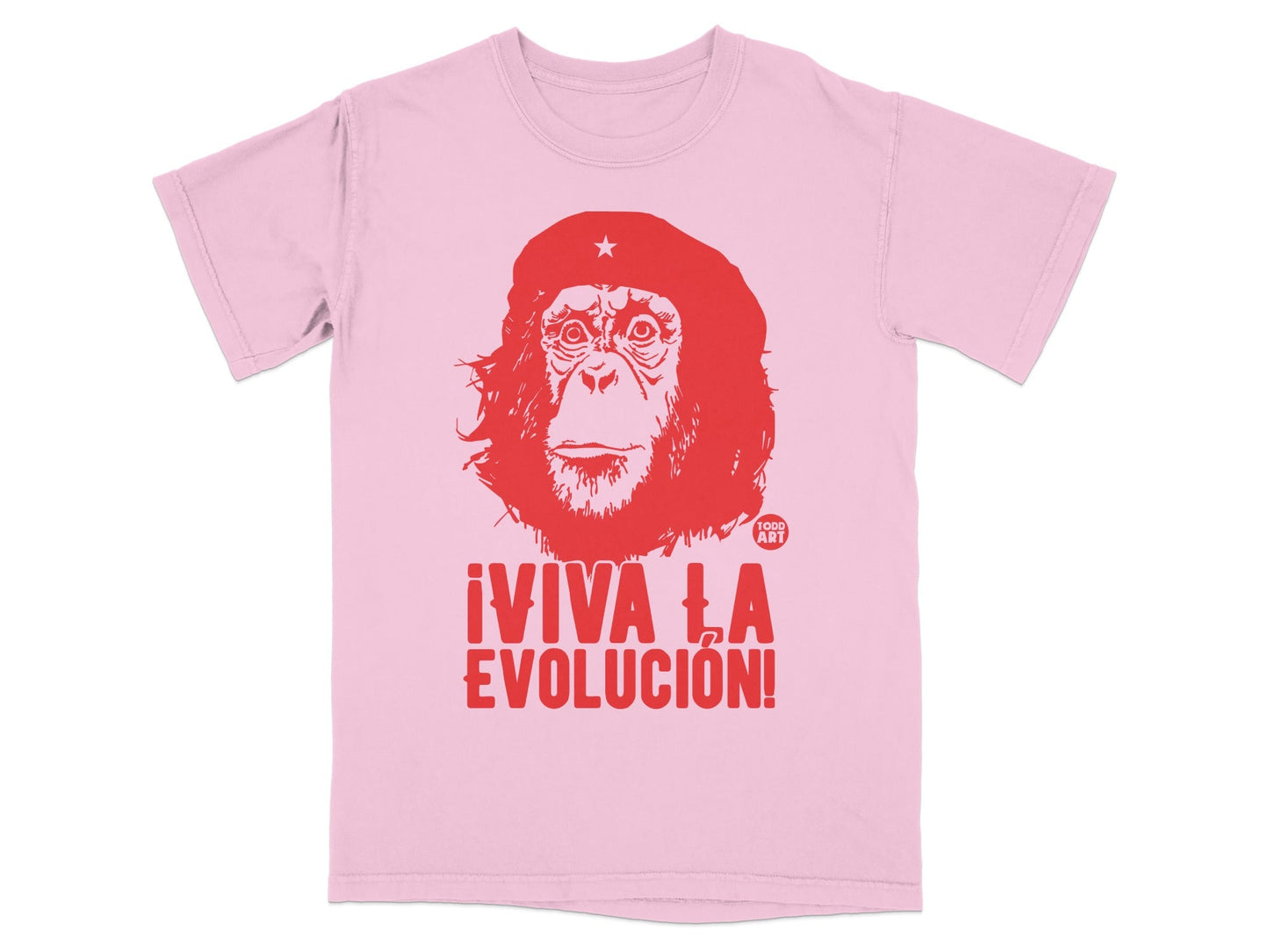 Pink t-shirt with a red graphic of a chimpanzee wearing a beret and text that reads "¬°VIVA LA EVOLUCI√ìN!".