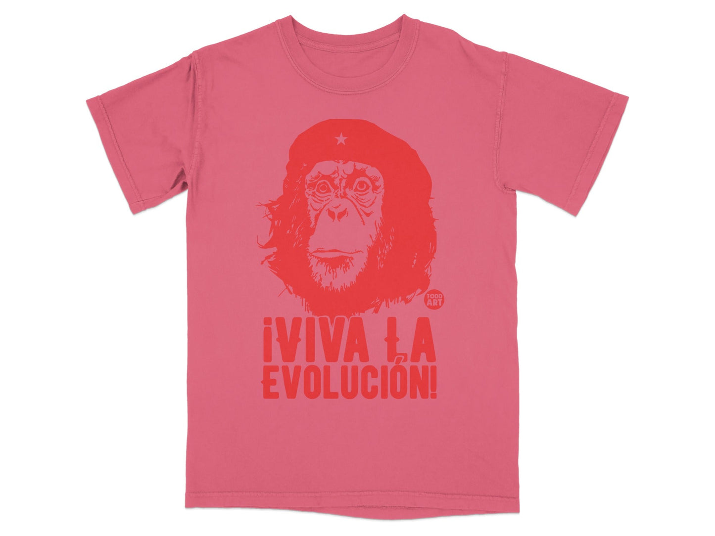 Red t-shirt with a stylized ape face and "¬°VIVA LA EVOLUCI√ìN!" text.