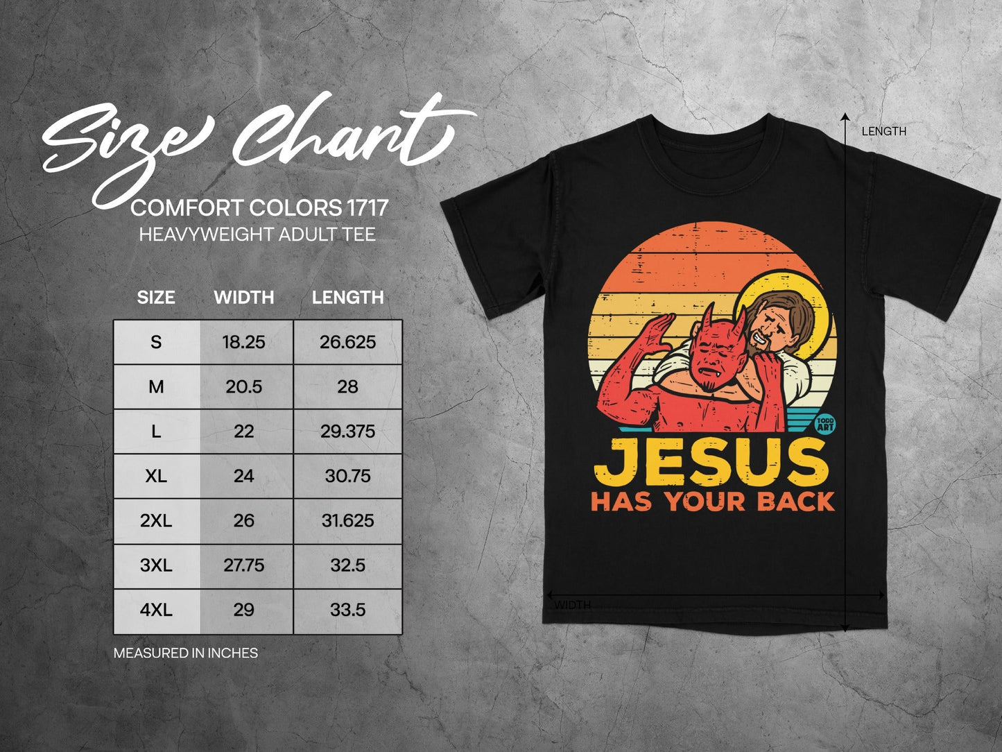 Comfort Colors size chart for heavyweight adult tee, showing width and length measurements.