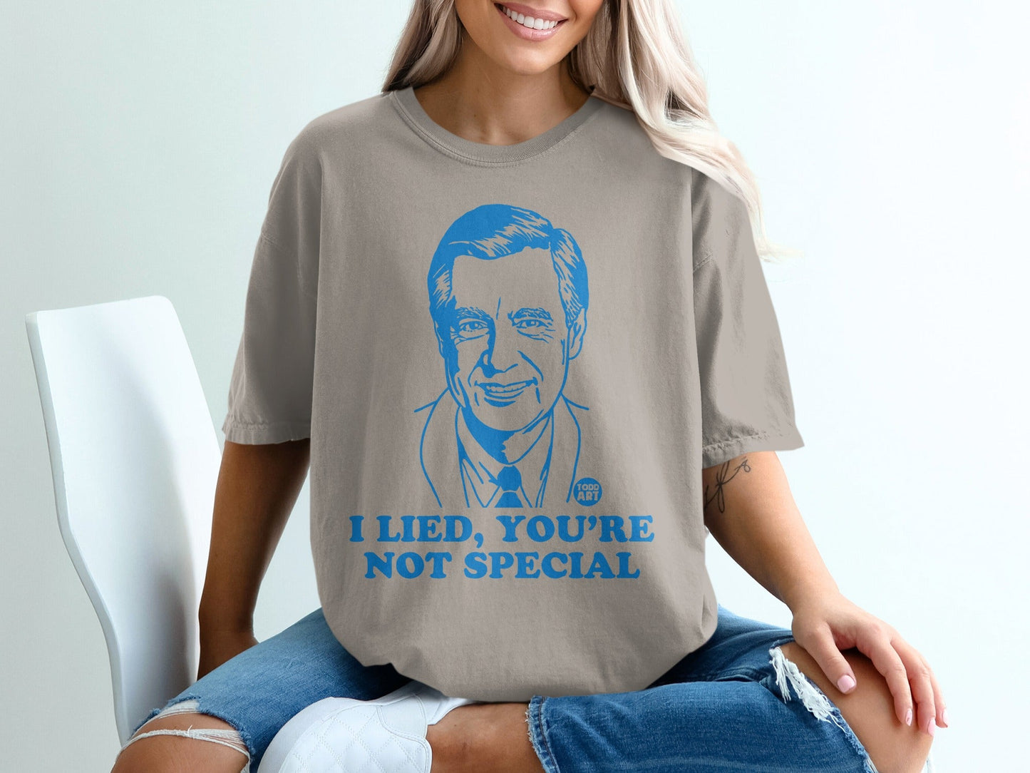 T-shirt with Mr. Rogers graphic and "I lied, you're not special" text.