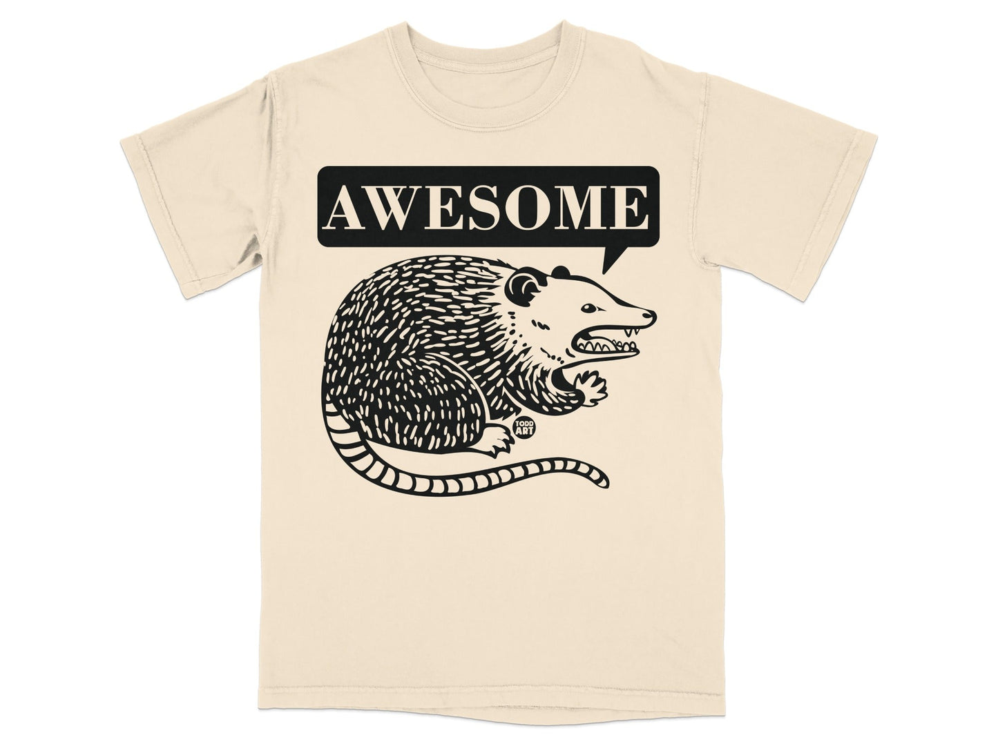 T-shirt with a cartoon opossum and the word "AWESOME" in a speech bubble.