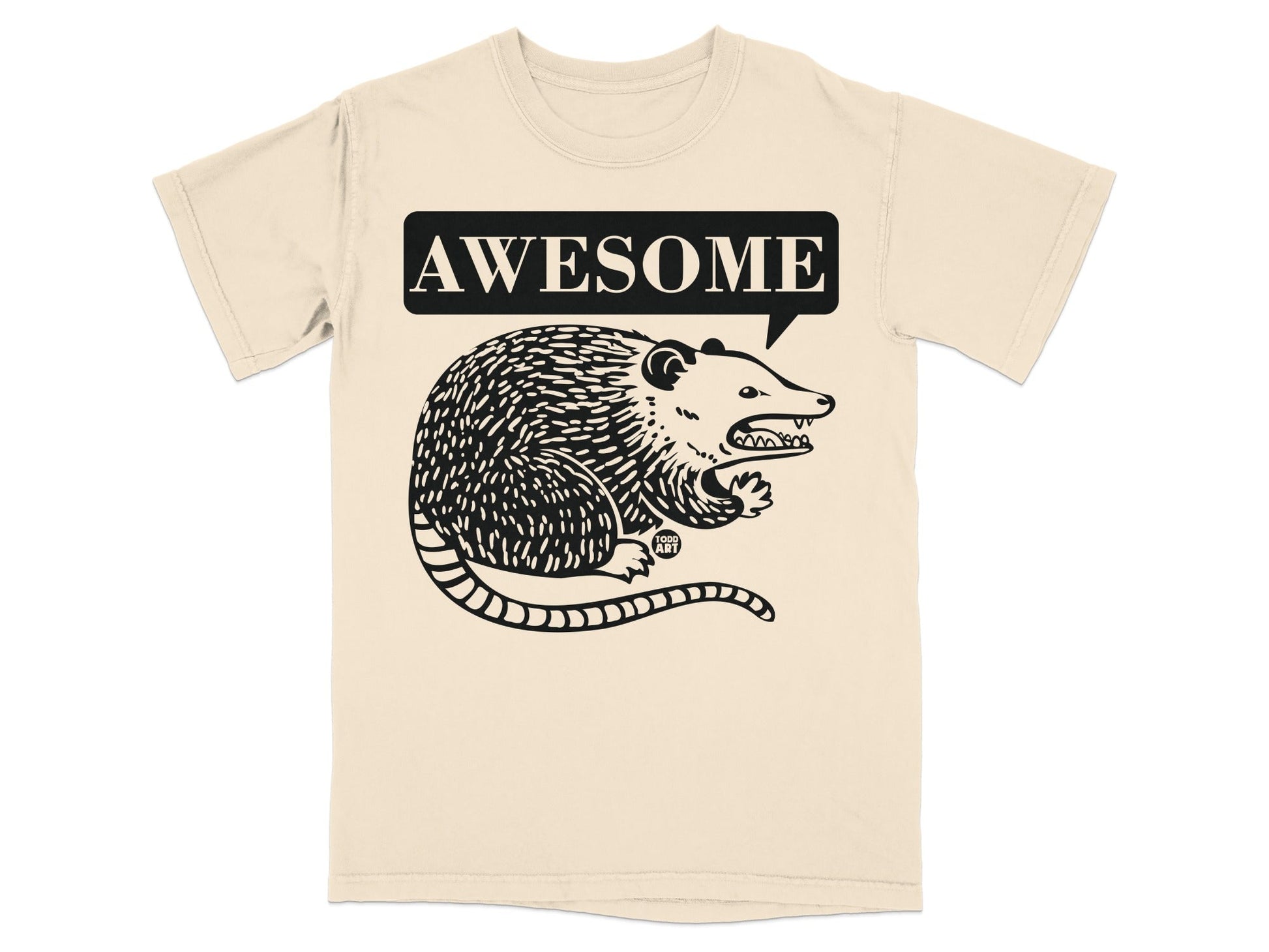 T-shirt with a cartoon opossum and the word "AWESOME" in a speech bubble.