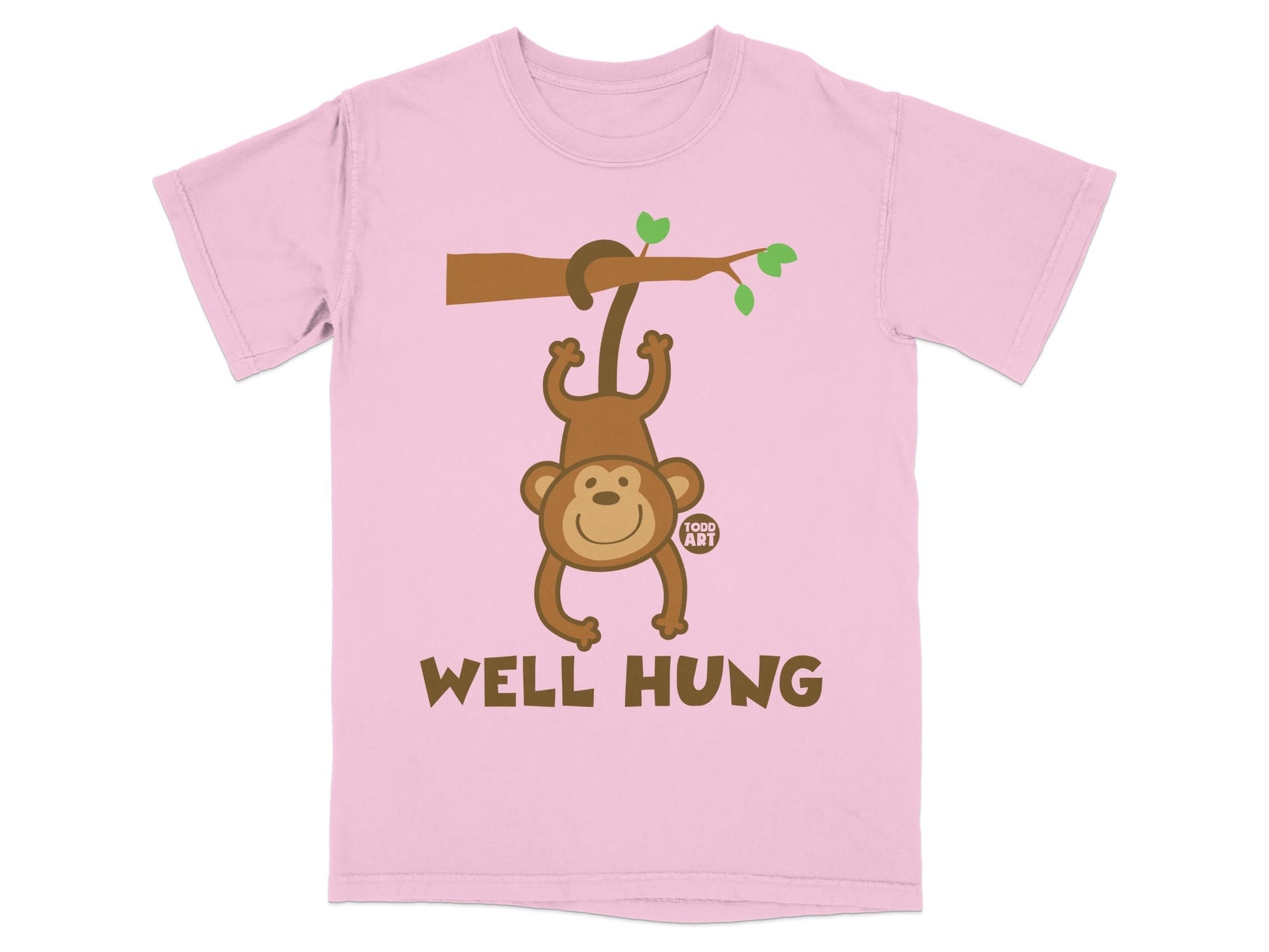 Pink t-shirt with a cartoon monkey hanging from a branch and text "WELL HUNG".