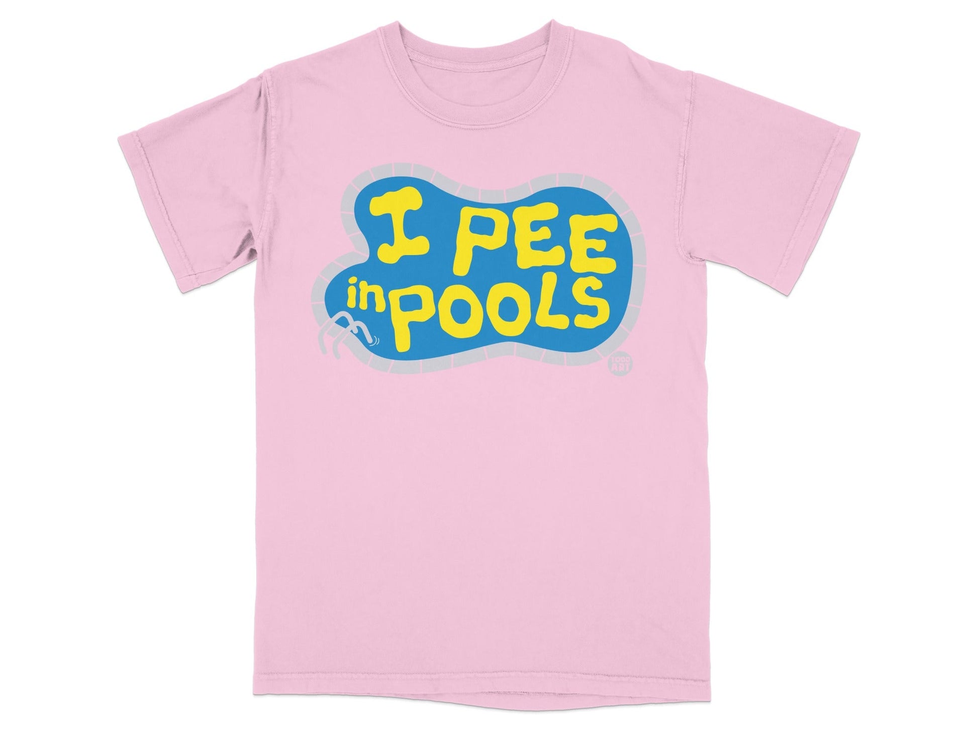 Pink t-shirt with blue pool graphic and yellow text "I PEE in POOLS".
