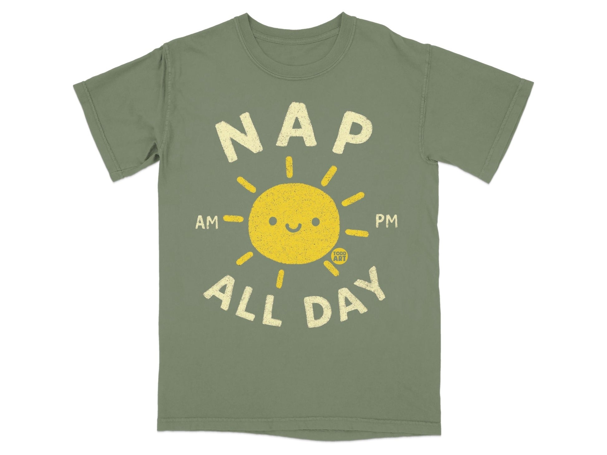Green t-shirt with a yellow sun graphic and text "NAP ALL DAY".