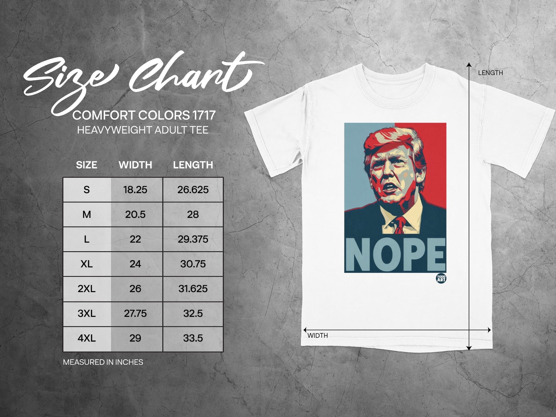 Size chart for heavyweight adult tee, featuring Trump graphic.