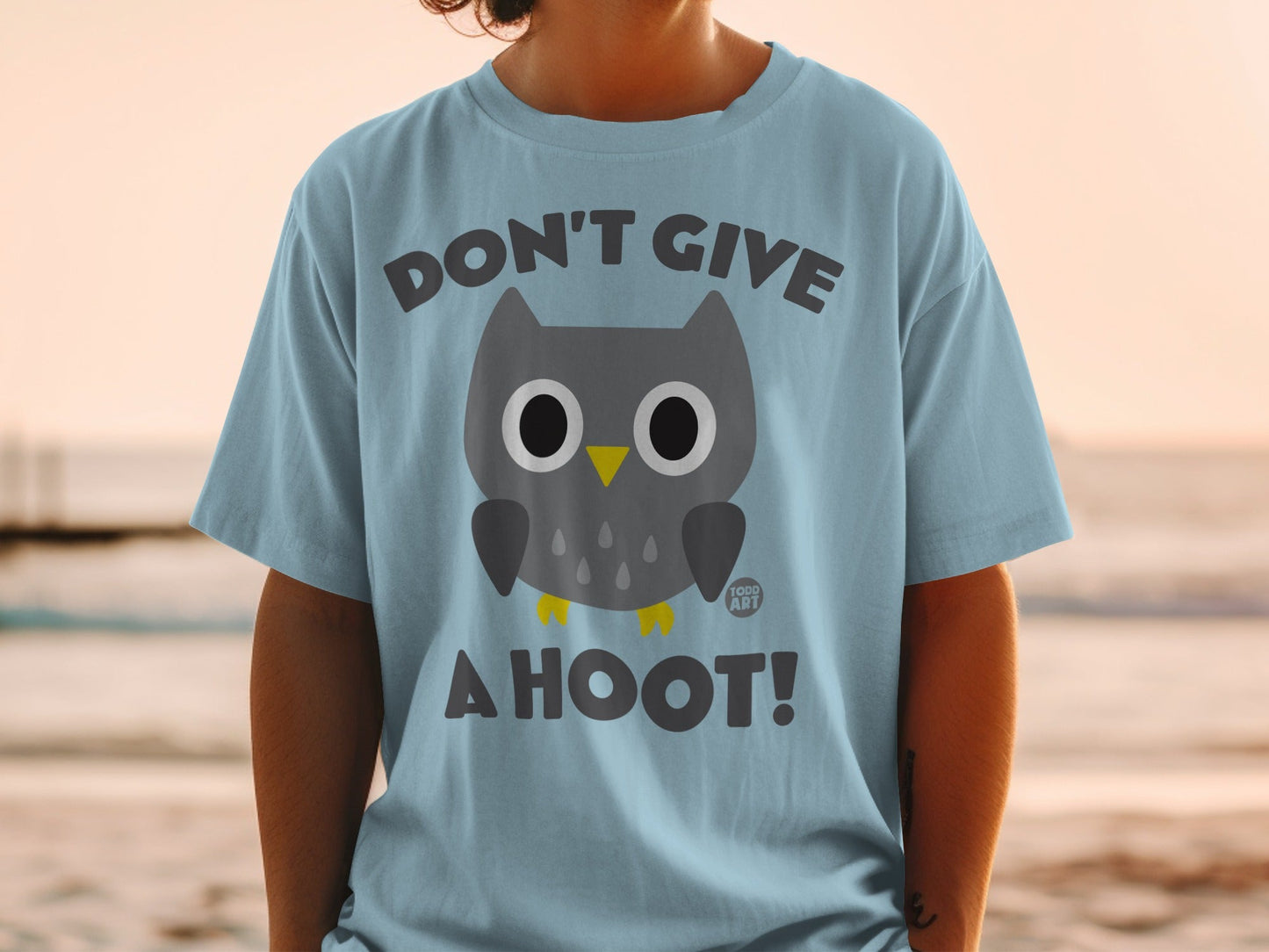Light blue t-shirt with a cartoon owl graphic and text "DON'T GIVE A HOOT!".