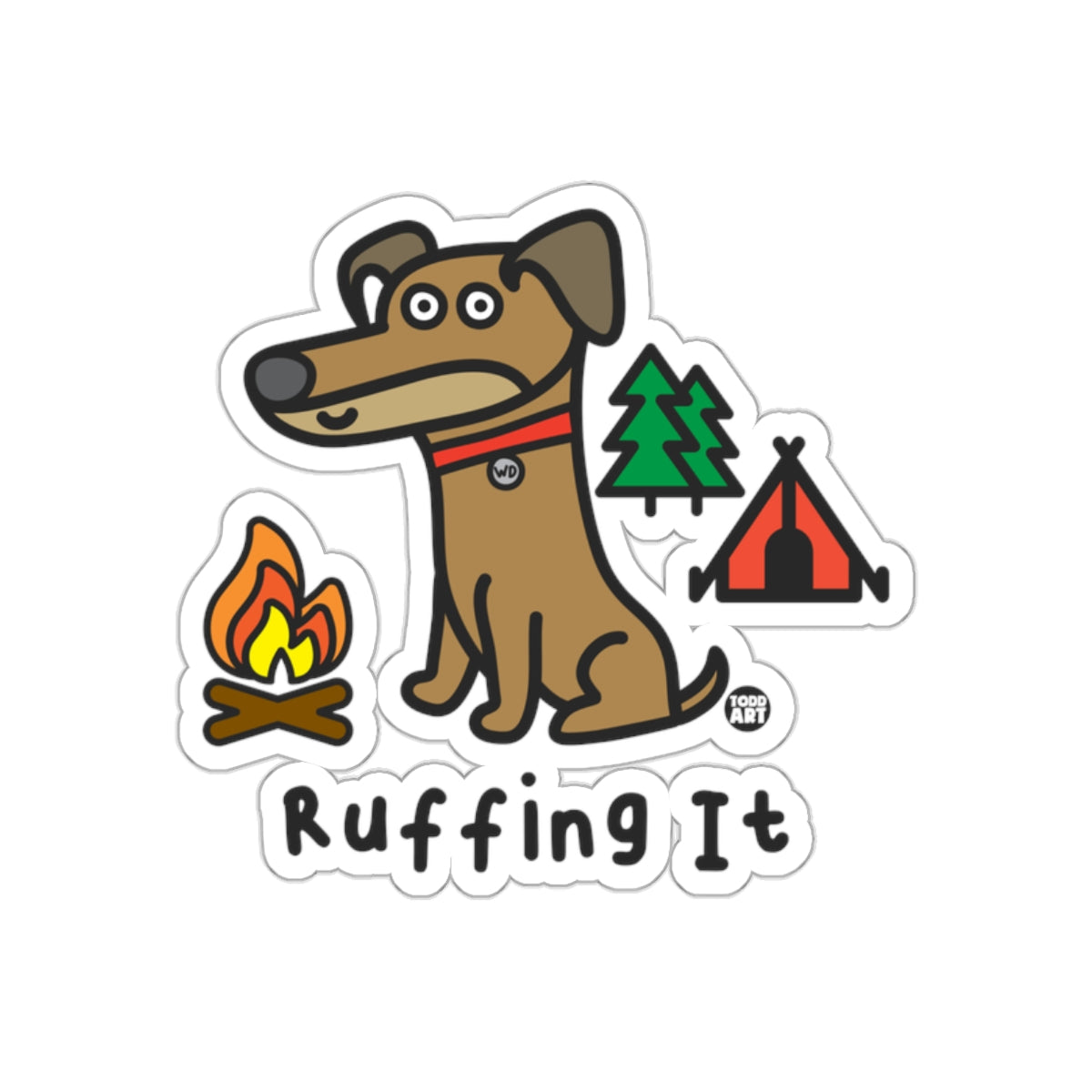 Ruffing It Camping Dog Sticker with Campfire