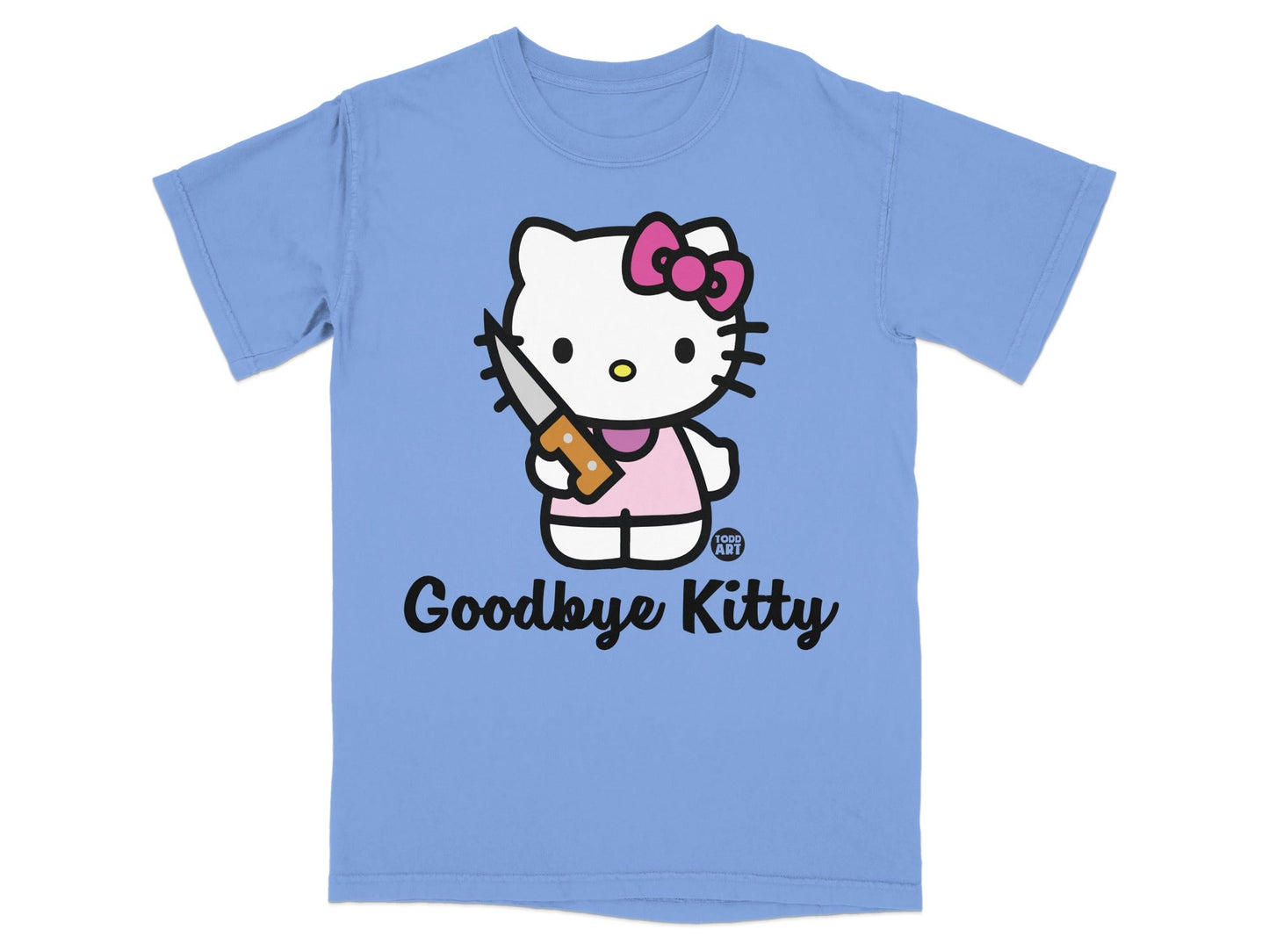 Light blue t-shirt with Hello Kitty holding a knife, text reads "Goodbye Kitty".