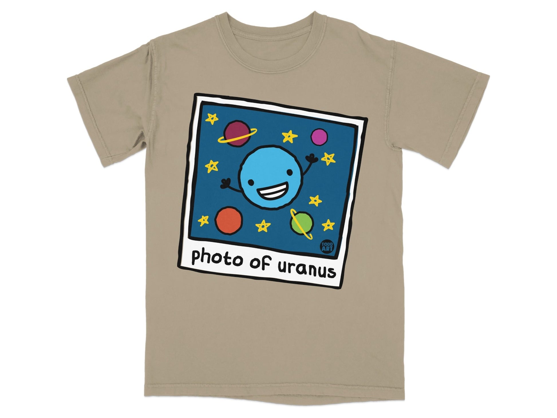 T-shirt featuring a cartoon blue planet with stars and text "photo of uranus".
