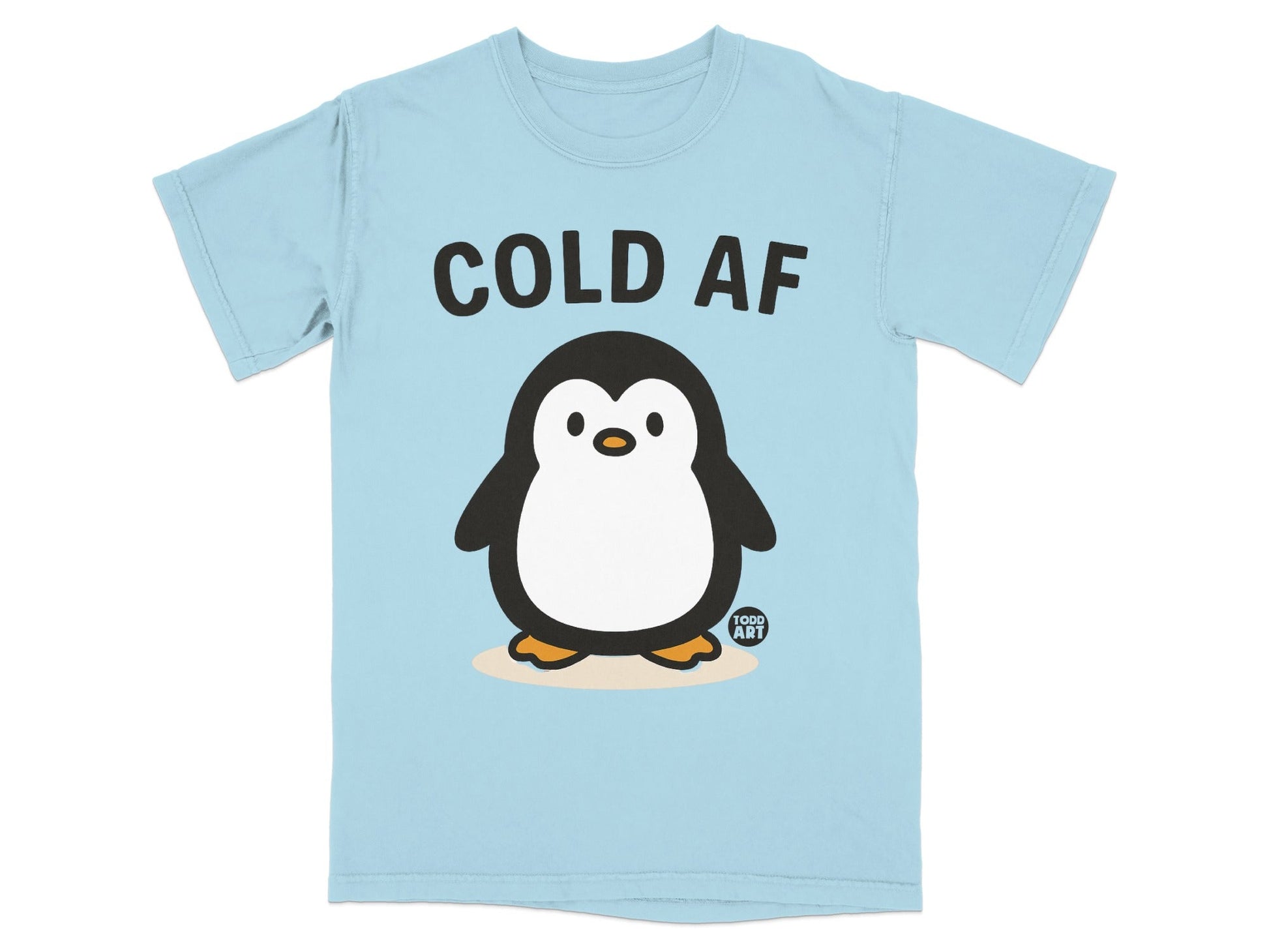 Light blue t-shirt with "COLD AF" text and a cartoon penguin.