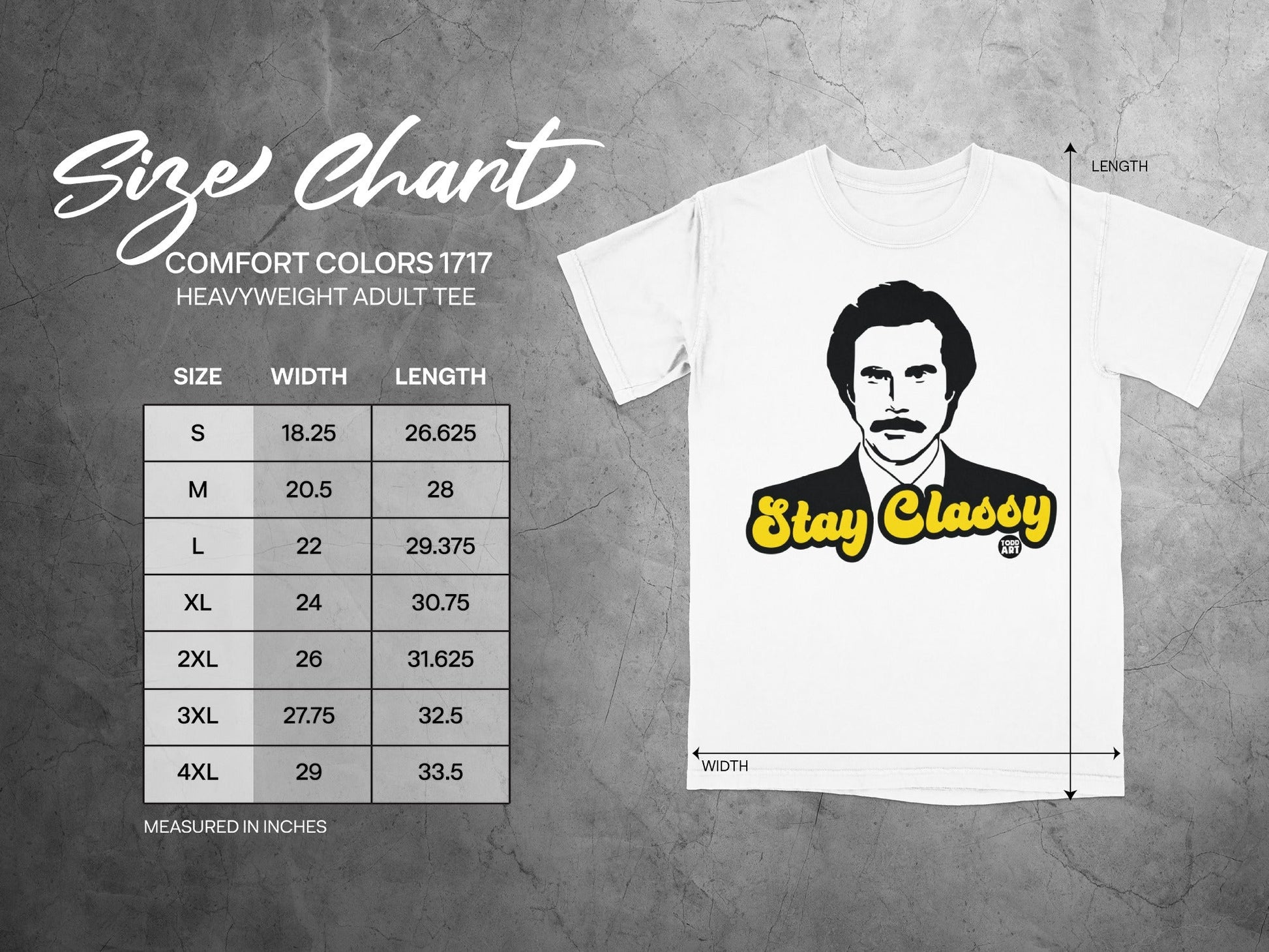 Size chart for Comfort Colors 1717 heavyweight adult tee.