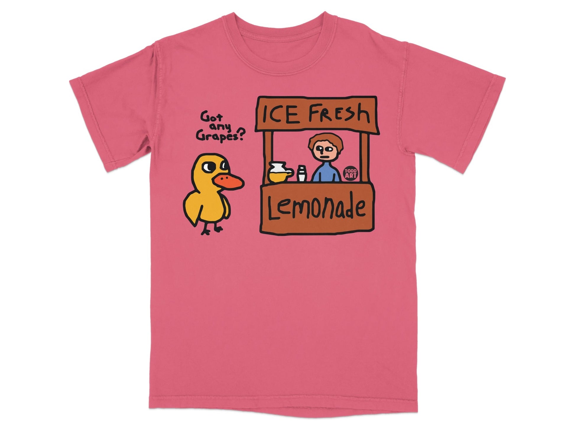 Duck at ICE FRESH Lemonade stand, "Got any Grapes?" text.
