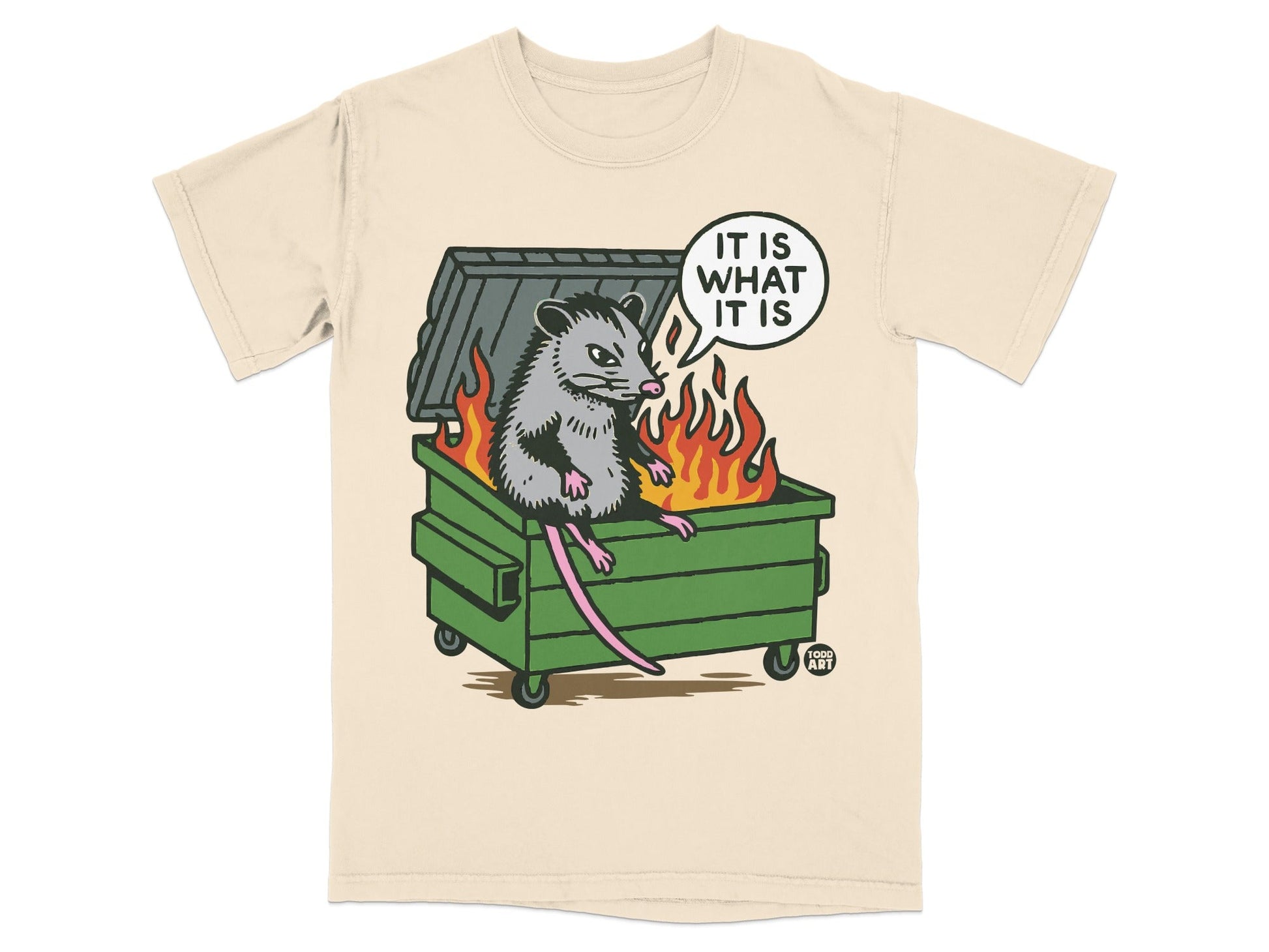 Opossum sitting in burning dumpster, speech bubble says "It Is What It Is".
