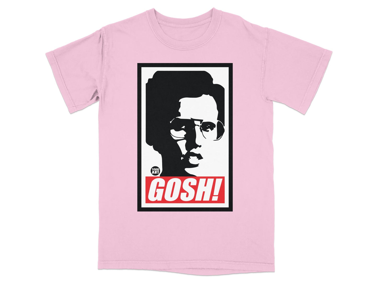 Pink t-shirt with a black and white graphic of a person wearing glasses and the word GOSH!