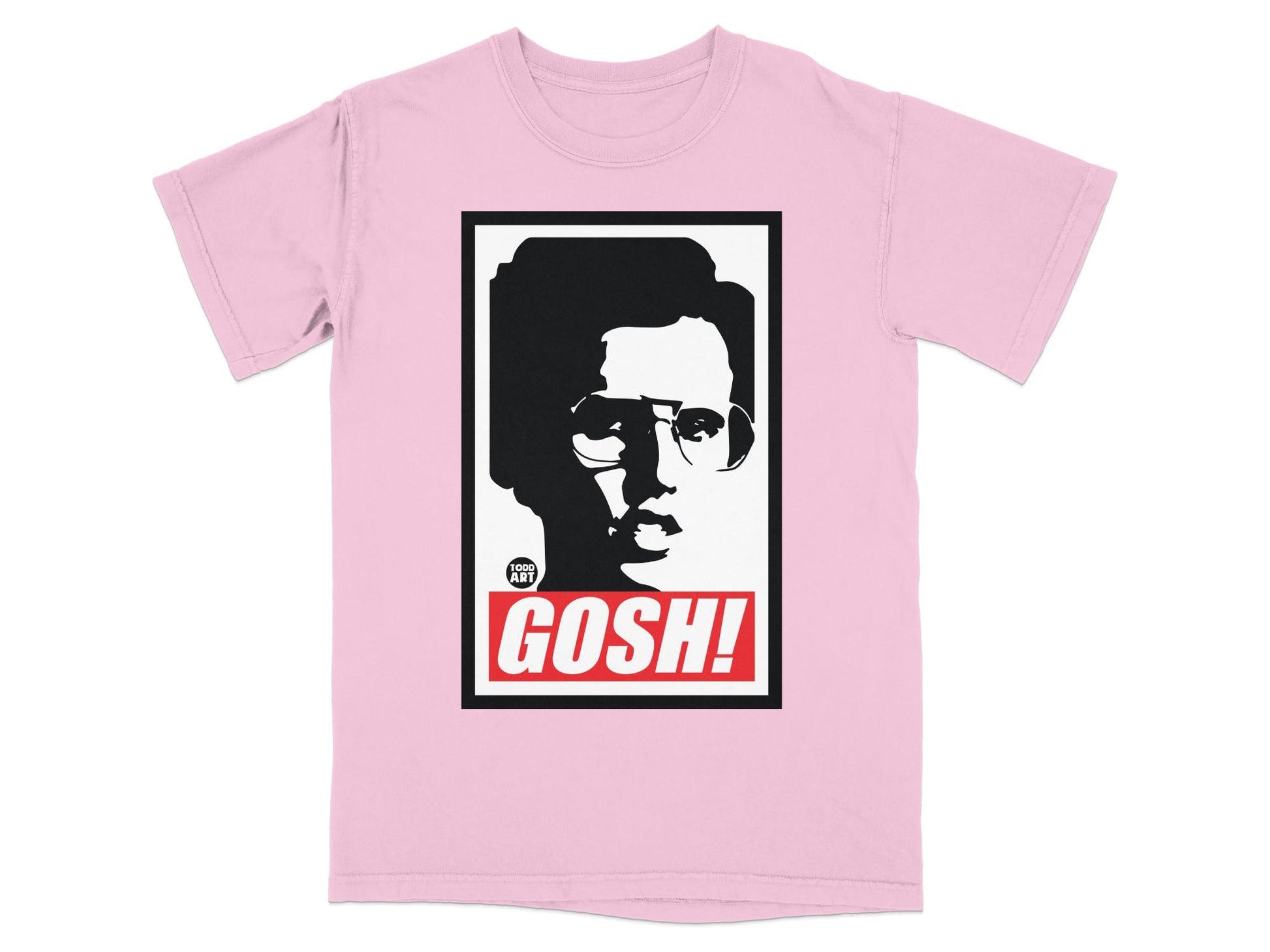 Pink t-shirt with a black and white graphic of a person wearing glasses and the word GOSH!