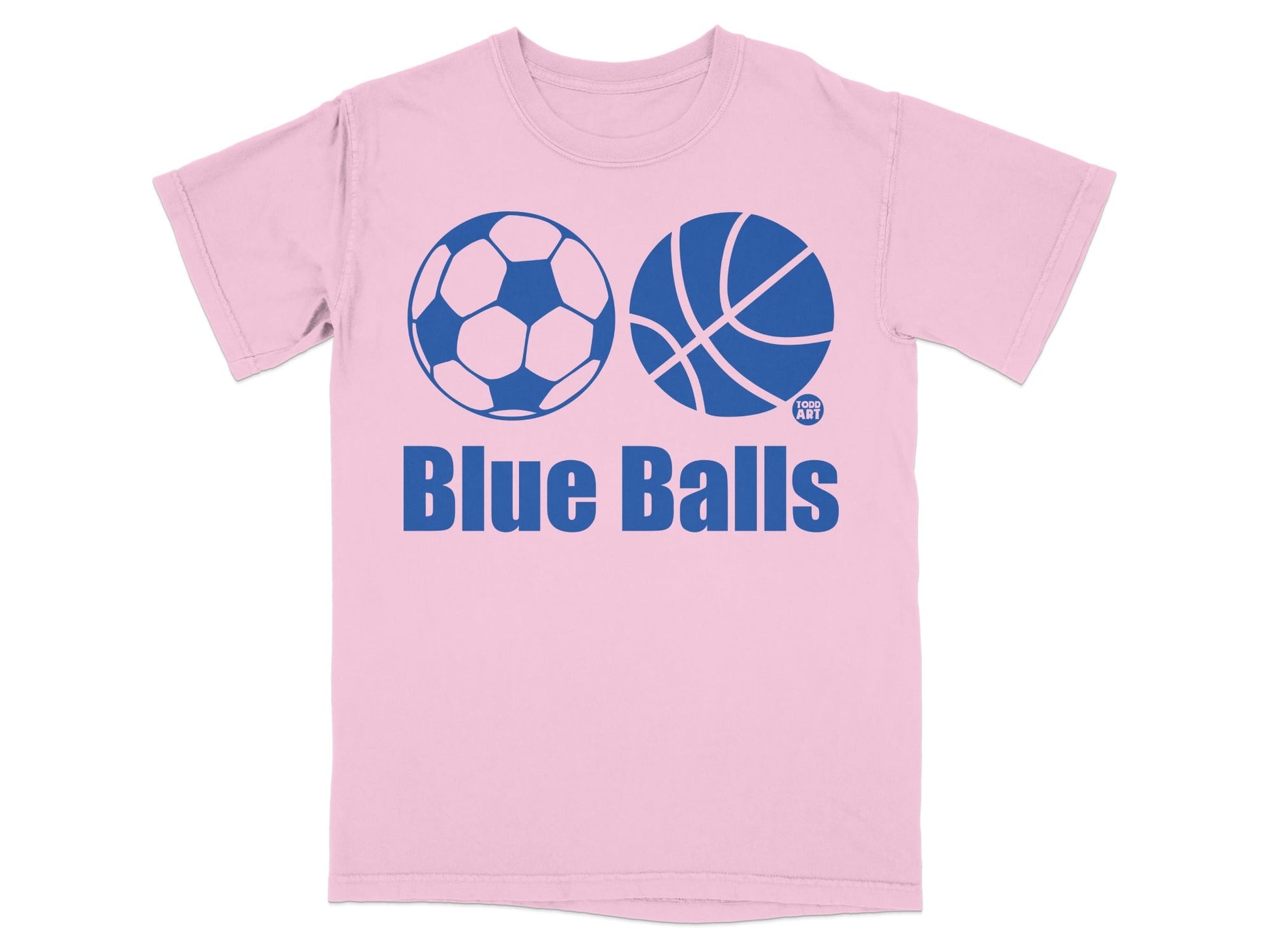 Pink t-shirt with blue soccer ball, basketball, and "Blue Balls" text.