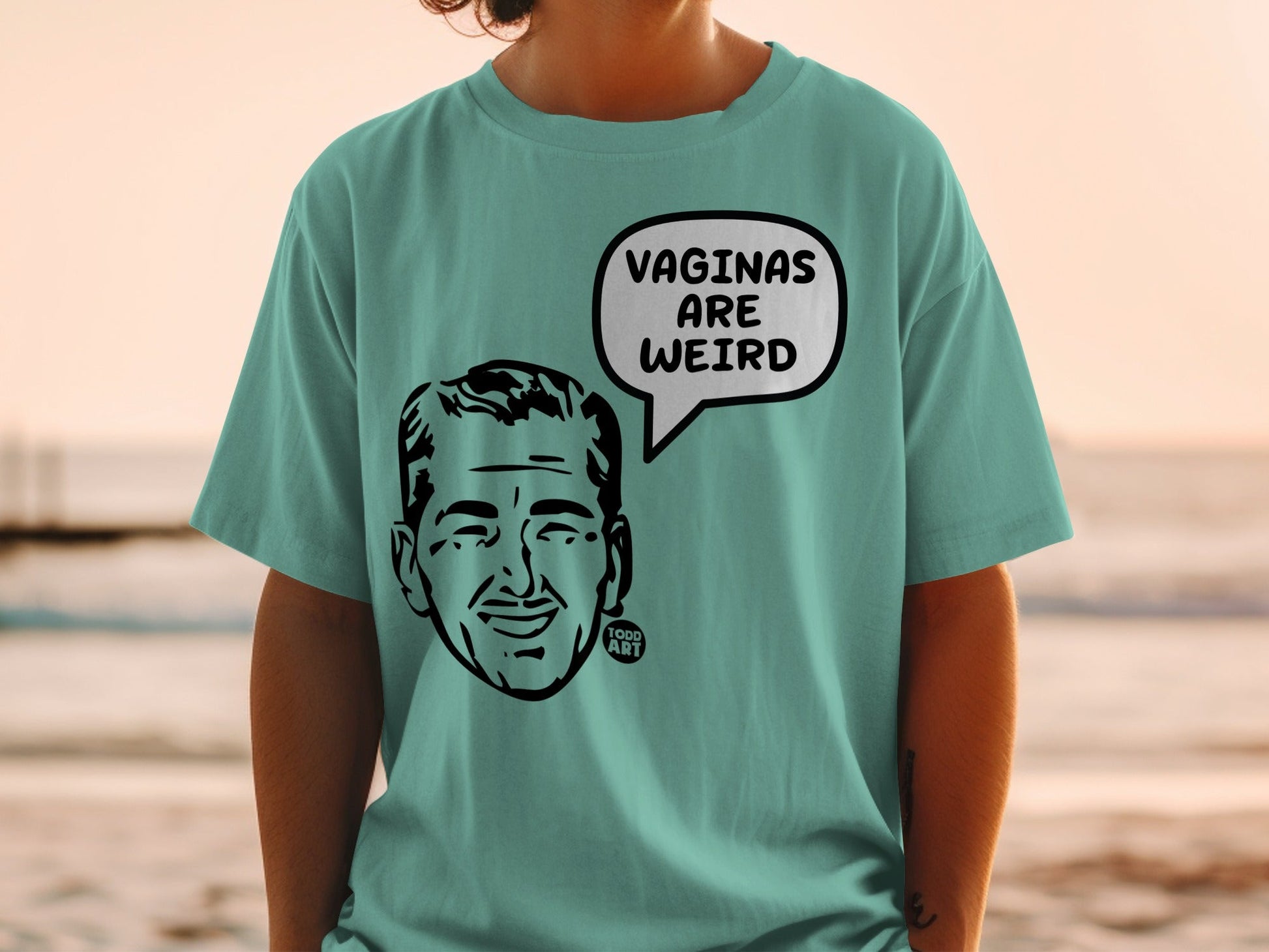 Teal t-shirt with a cartoon man's face and a speech bubble saying "VAGINAS ARE WEIRD".