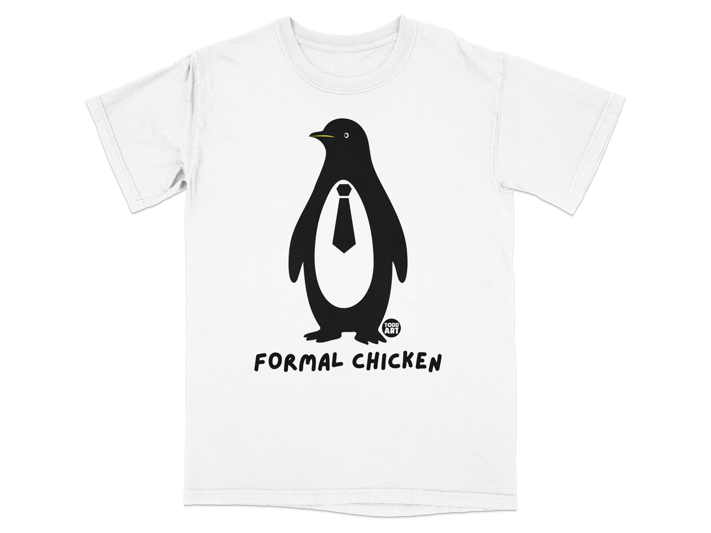 Black penguin wearing a tie, text "FORMAL CHICKEN" below.