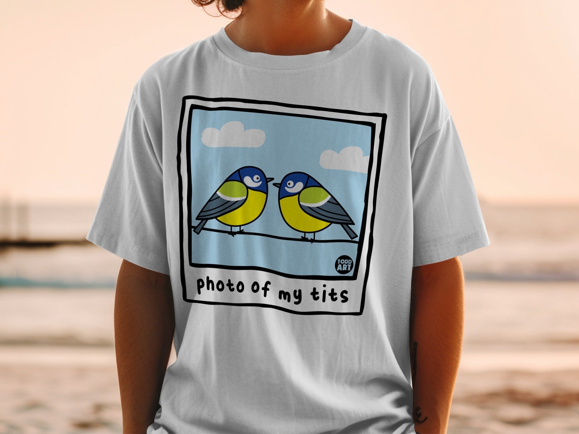 Two blue and yellow birds sit on a wire with "photo of my tits" text.