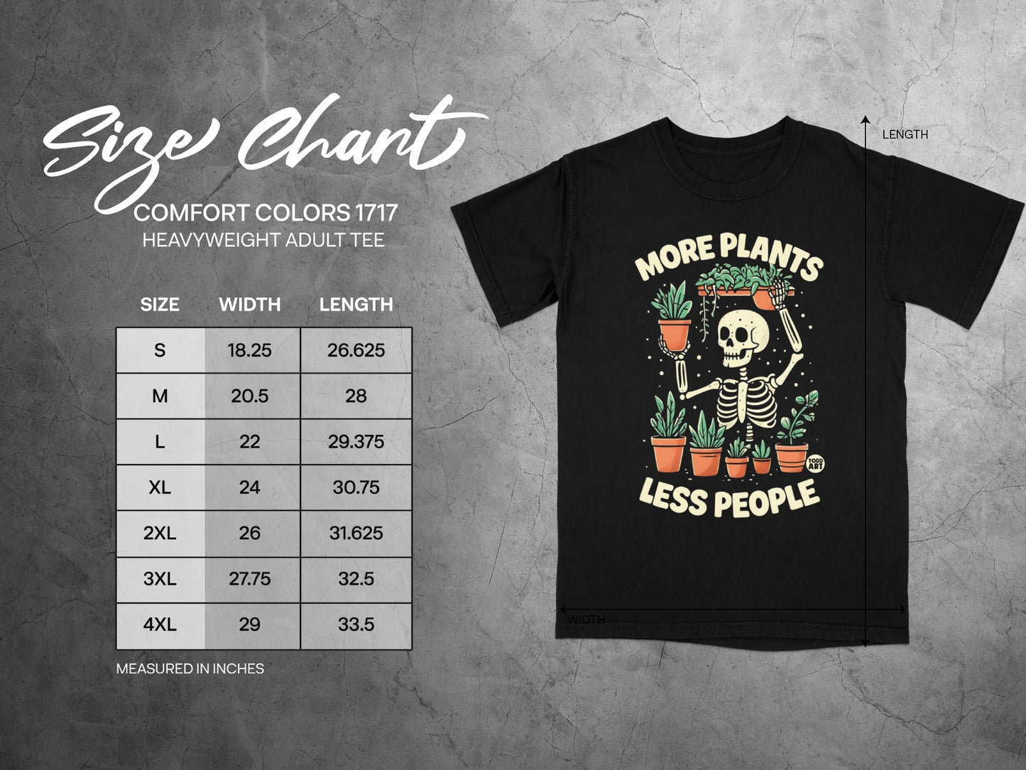 Comfort Colors size chart for adult heavyweight tees with graphic of skeleton holding plants.
