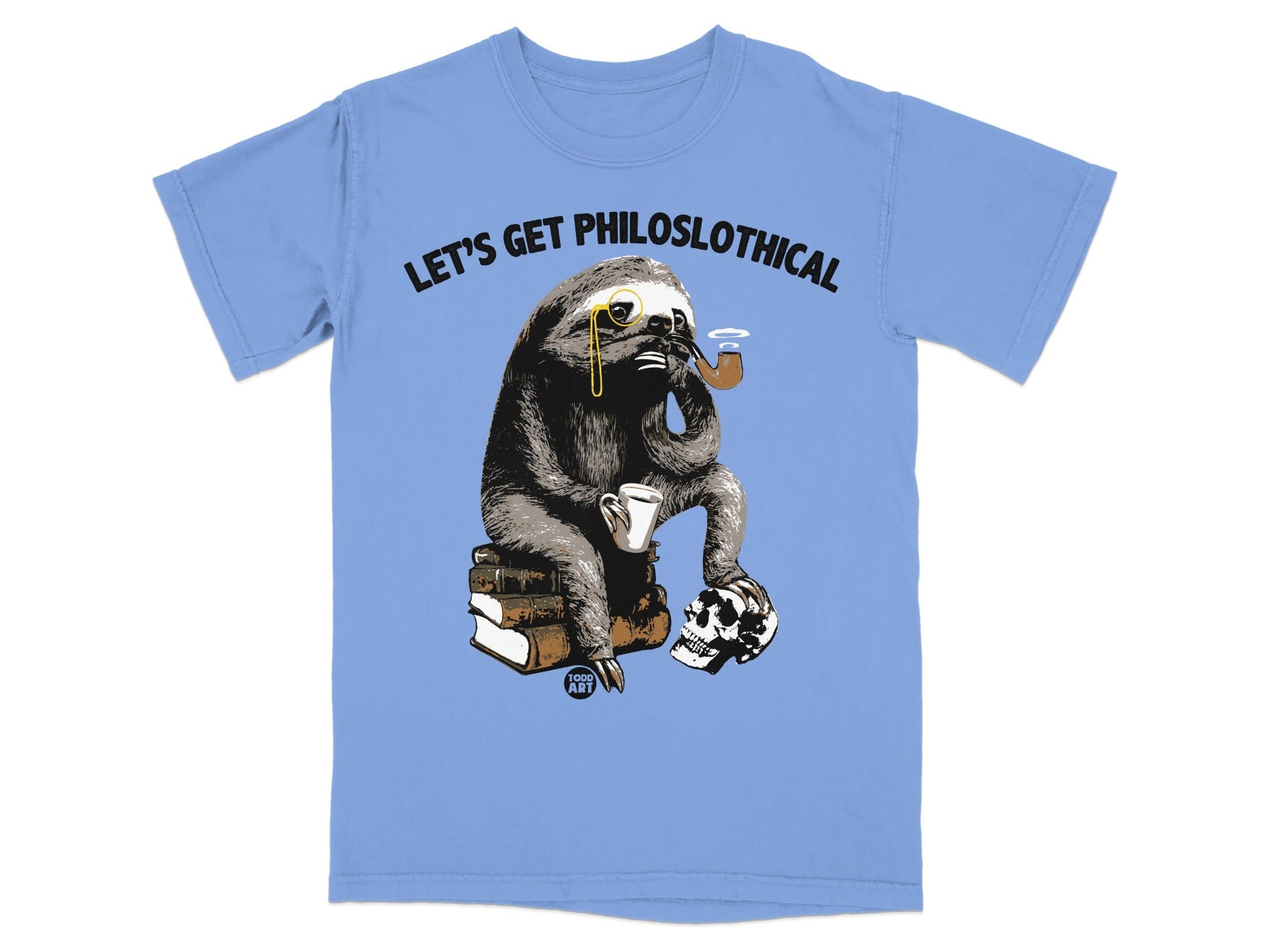 Sloth in monocle and hat sits on books with pipe and skull.
