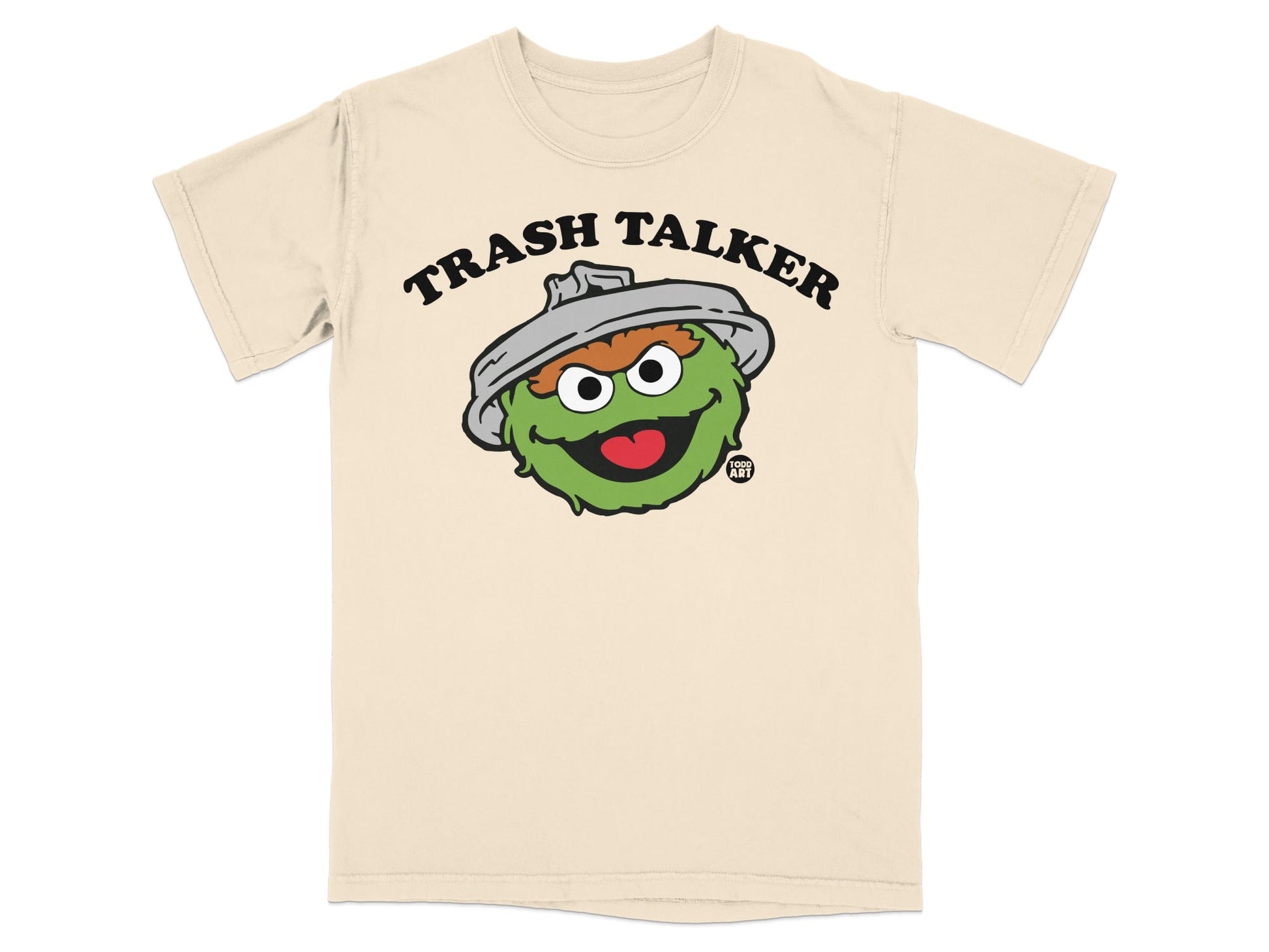 Cream t-shirt with Oscar the Grouch saying "Trash Talker"